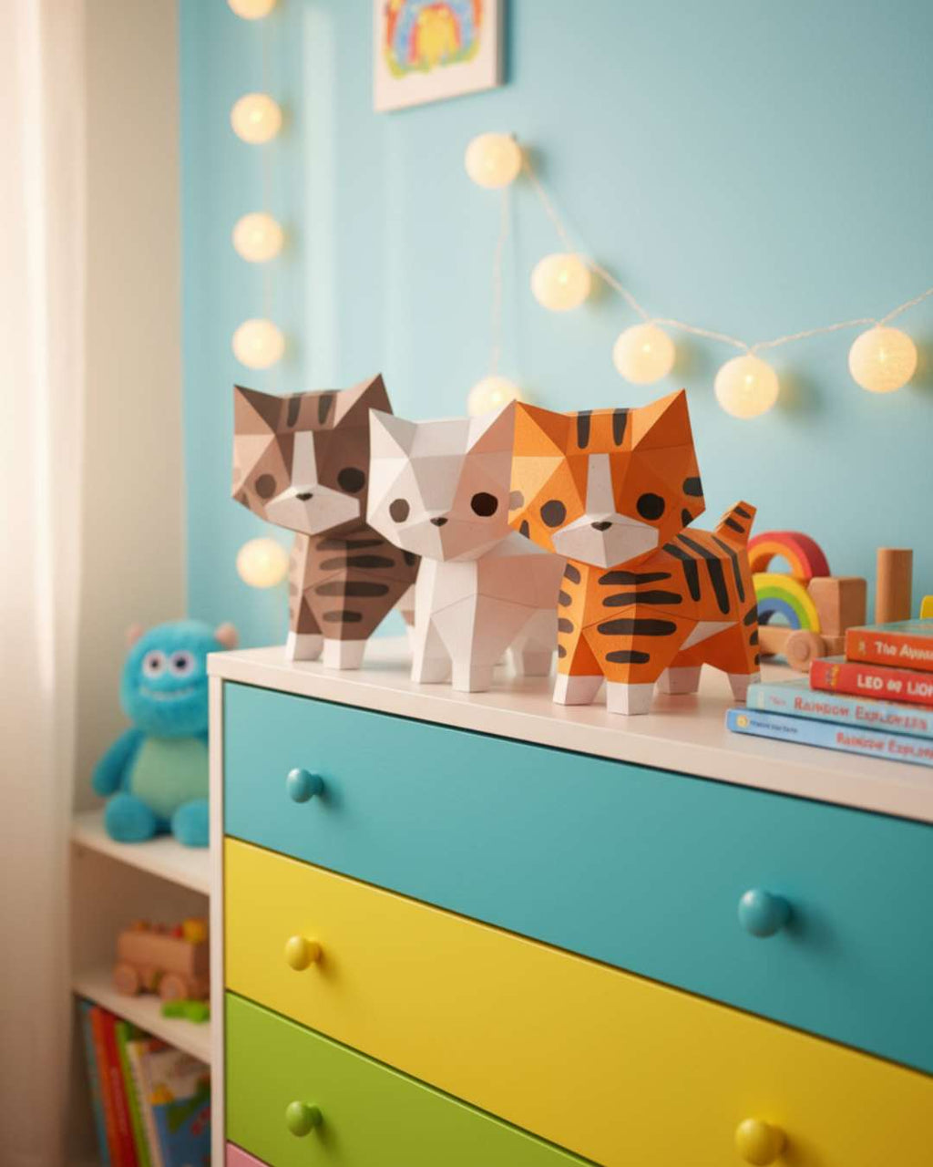 Trois chats en modèles papier Moki Moki — gris tigré, blanc et roux — posés sur une commode colorée dans une chambre d’enfant lumineuse décorée de guirlandes et jouets.