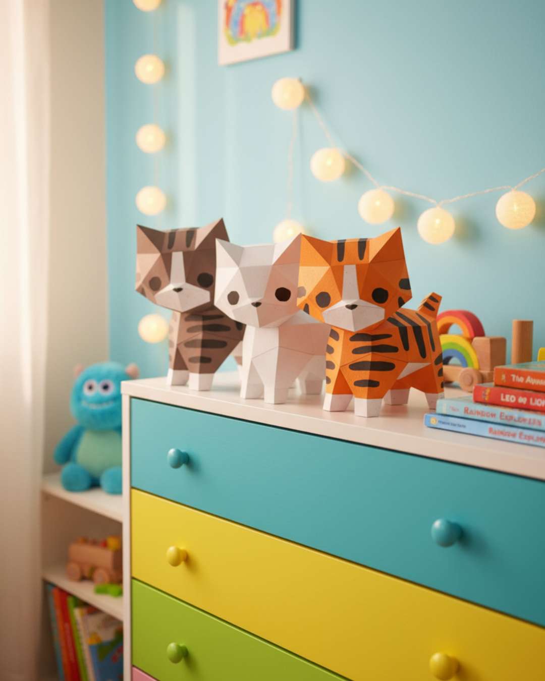 Trois chats en modèles papier Moki Moki — gris tigré, blanc et roux — posés sur une commode colorée dans une chambre d’enfant lumineuse décorée de guirlandes et jouets.