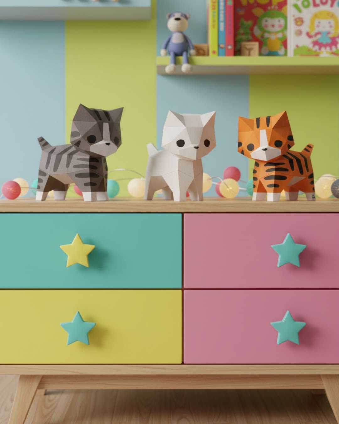 Trois chats décoratifs en papier plié Moki Moki — gris tigré, blanc et roux — posés sur une commode aux tiroirs colorés dans une chambre d’enfant ludique et joyeuse.