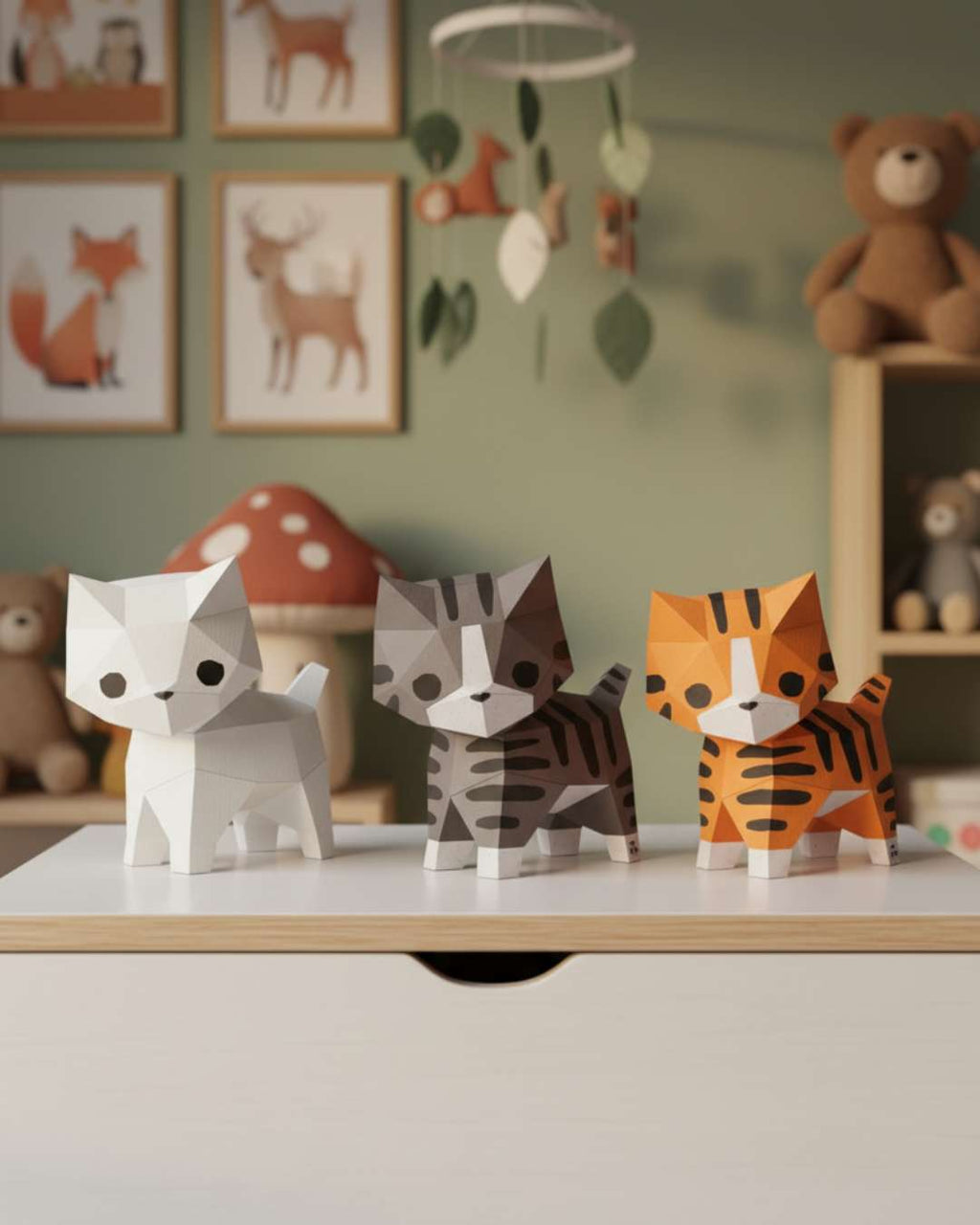 Trois petits chats en origami papier Moki Moki — blanc, tigré gris et roux — posés sur un meuble dans une chambre d’enfant décorée sur le thème des animaux de la forêt.