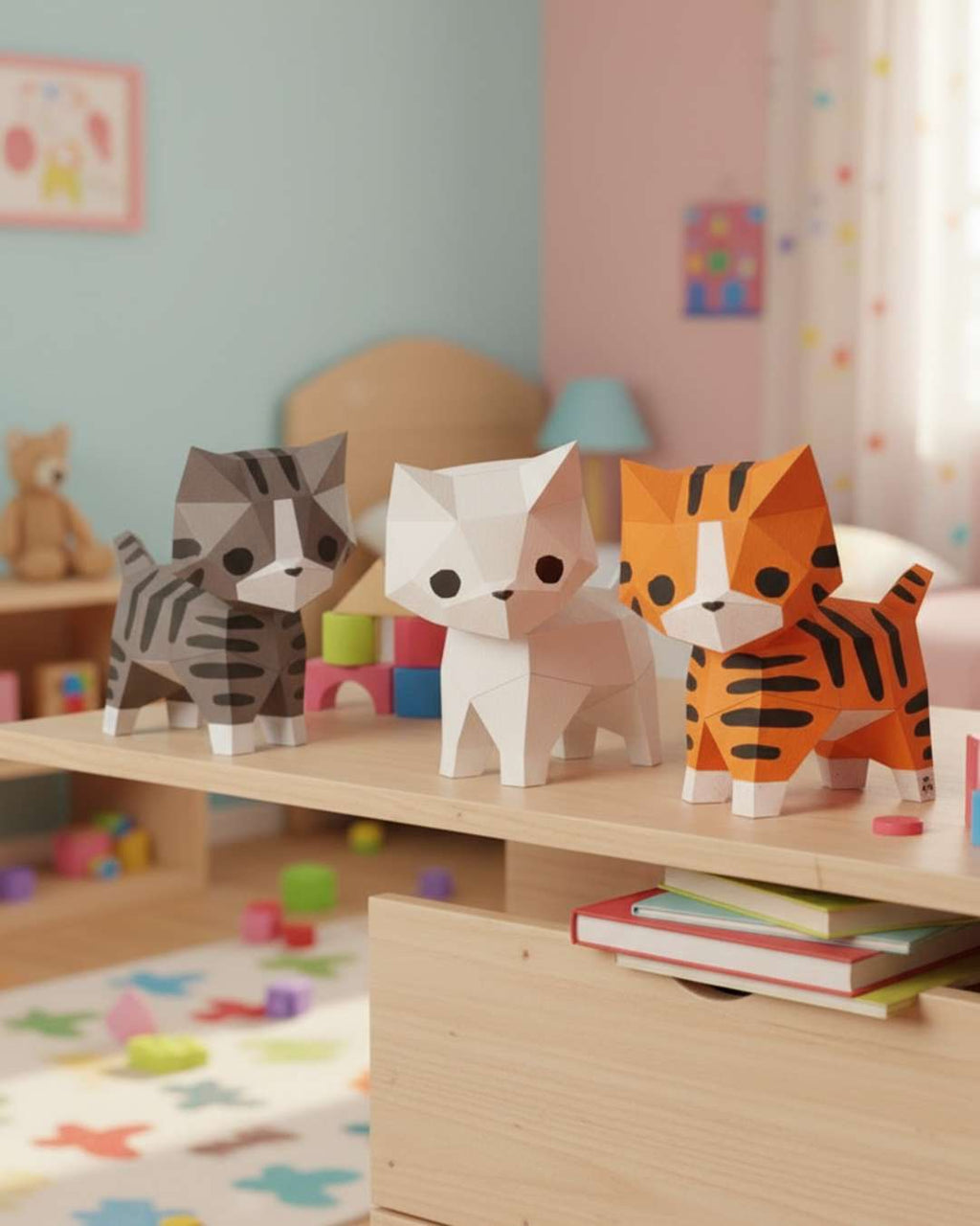 Trois petits chats en figurines papier Moki Moki — gris, blanc et roux — posés sur un meuble dans une chambre d’enfant colorée remplie de jouets.