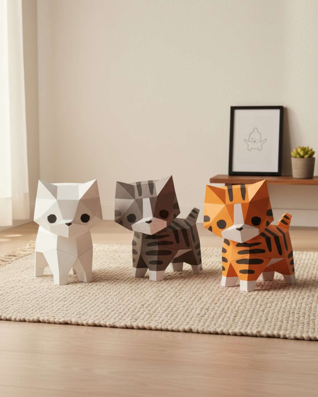 Trois chats décoratifs en papier Moki Moki — blanc, tigré gris et roux — posés sur un tapis doux dans un intérieur lumineux et minimaliste.