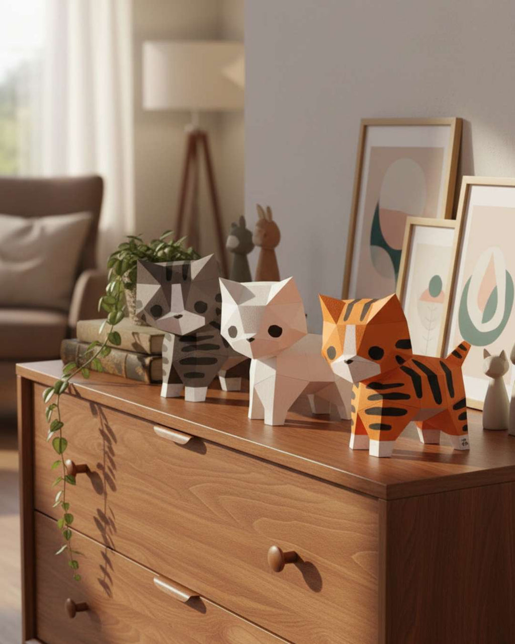 Trois chats décoratifs en origami 3D Moki Moki — tigré brun, blanc et roux — posés sur une commode en bois, entourés d’affiches, livres et plantes dans un salon chaleureux.
