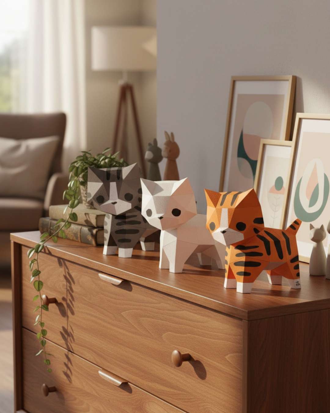 Trois chats décoratifs en origami 3D Moki Moki — tigré brun, blanc et roux — posés sur une commode en bois, entourés d’affiches, livres et plantes dans un salon chaleureux.