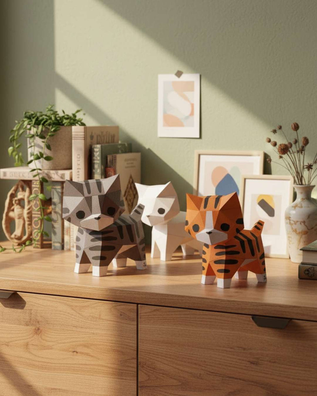 Trois chats décoratifs en origami 3D Moki Moki — tigré brun, blanc et roux — posés sur un meuble en bois clair, dans un décor doux avec livres, affiches et plantes.