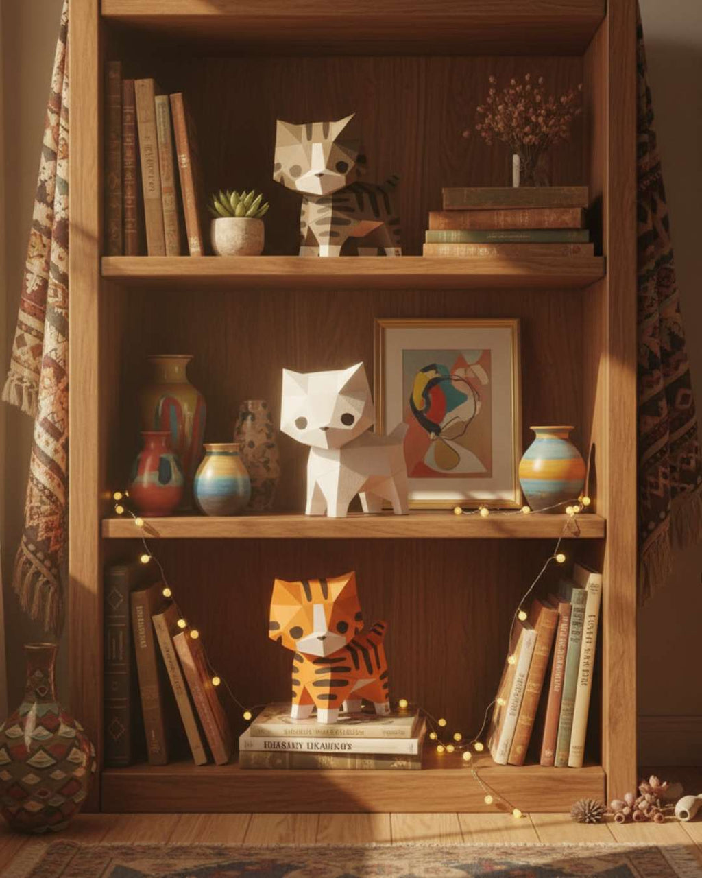 Trois chats décoratifs en origami 3D Moki Moki — tigré brun, blanc et roux — disposés sur une étagère en bois, entourés de livres, vases et guirlande lumineuse dans une ambiance chaleureuse.