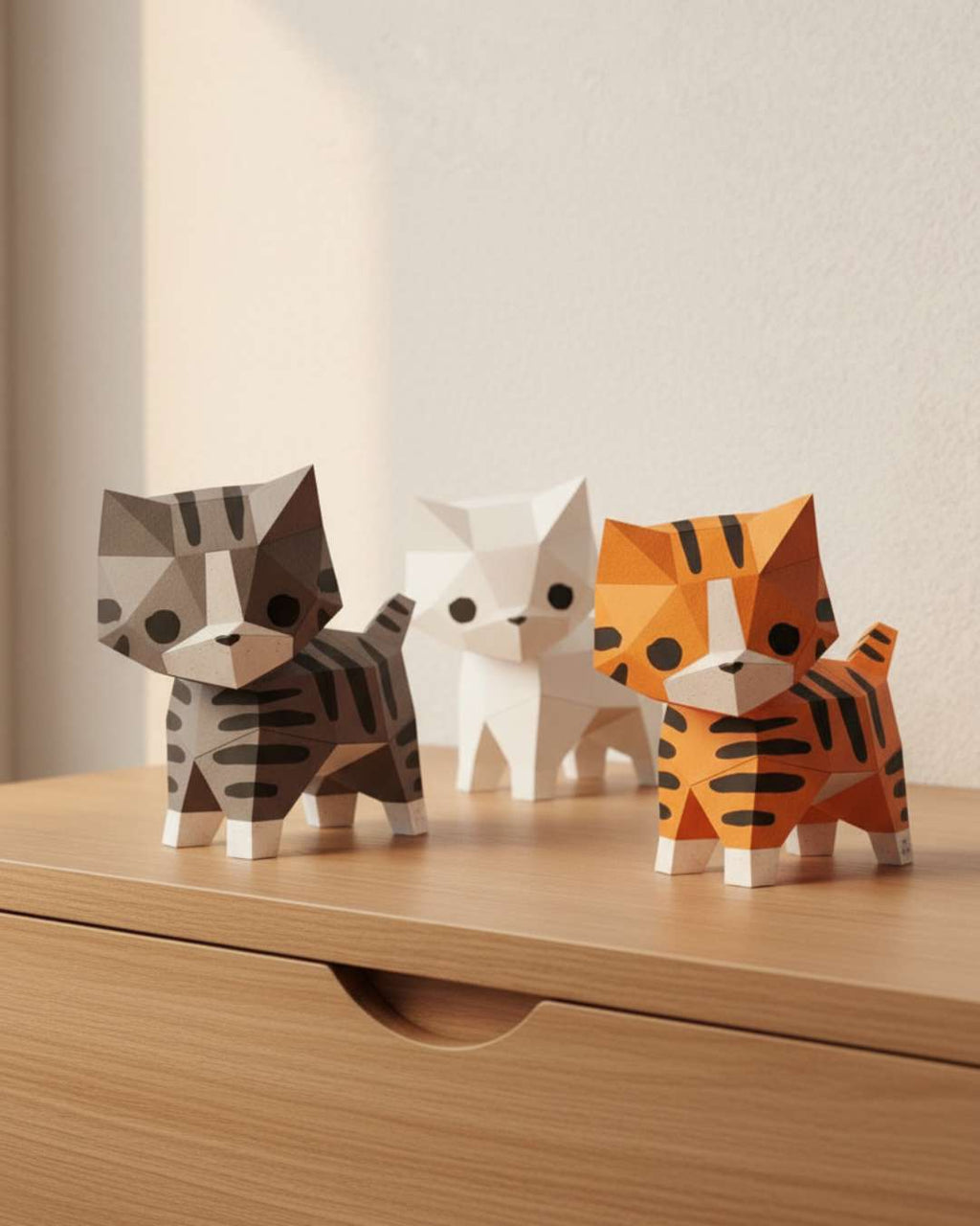 Trois chats en papercraft 3D Moki Moki — tigré brun, blanc et roux — posés sur un meuble en bois clair, décoration douce et moderne.