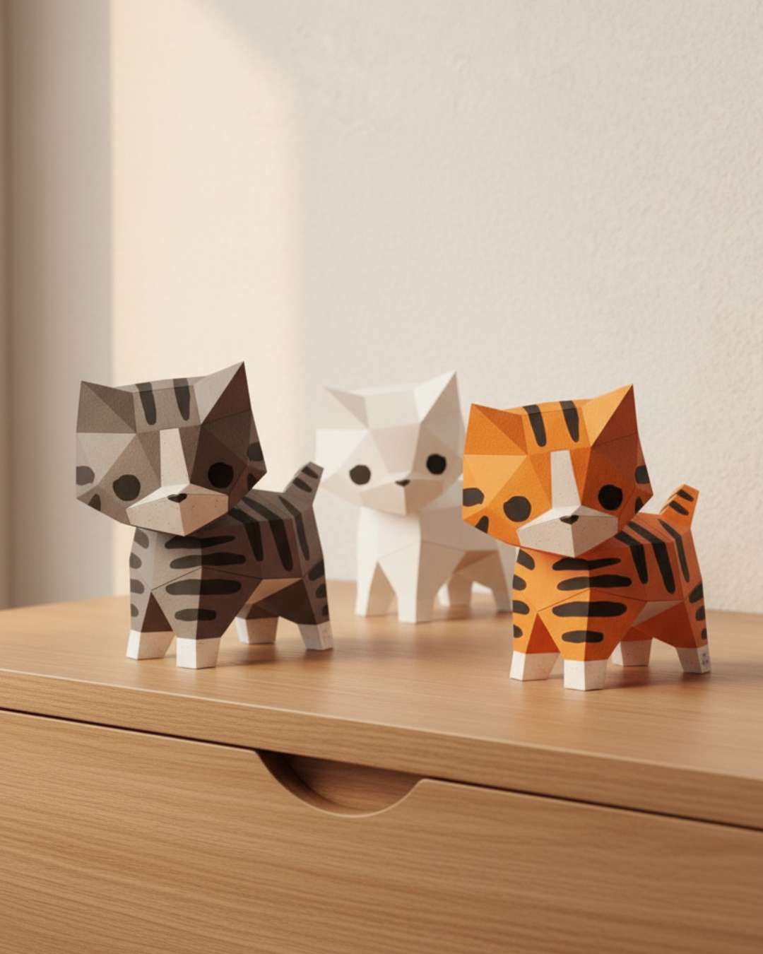 Trois chats en papercraft 3D Moki Moki — tigré brun, blanc et roux — posés sur un meuble en bois clair, décoration douce et moderne.