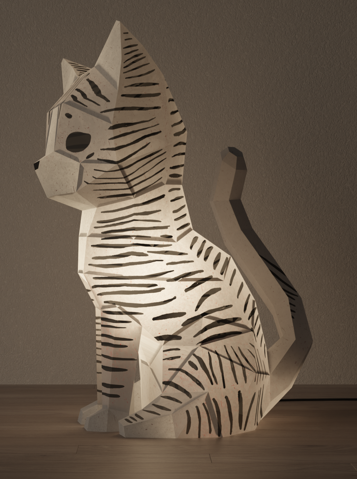 Lampe chat en papier créatif de style origami vue de second profil, kit DIY Moki Moki, décoration d'intérieur pour chambre.
