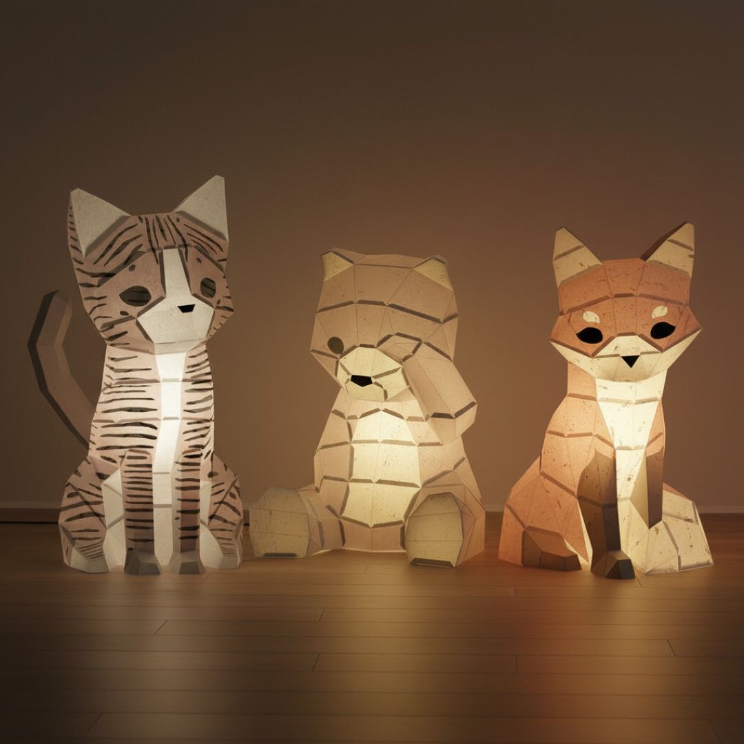 Collection de veilleuses en papier Moki Moki — lampe chat, ourson et renard en papercraft — diffusant une lumière douce dans une ambiance chaleureuse.