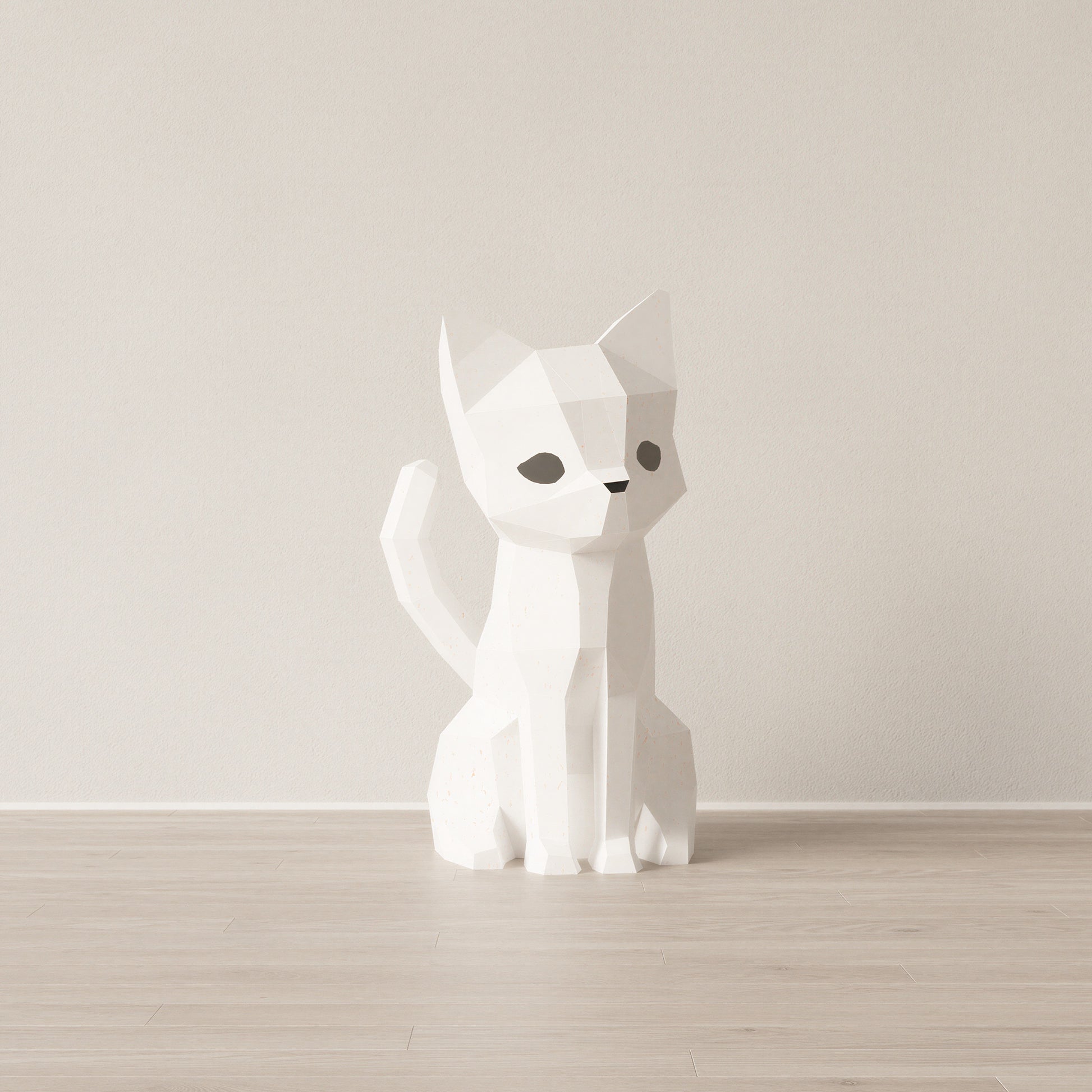 Sculpture en papier Goji le chat, version lampe à poser éteinte au design épuré et géométrique. Kit origami 3D aux teintes sable et blanc à assembler avec colle, décoration minimaliste en papier