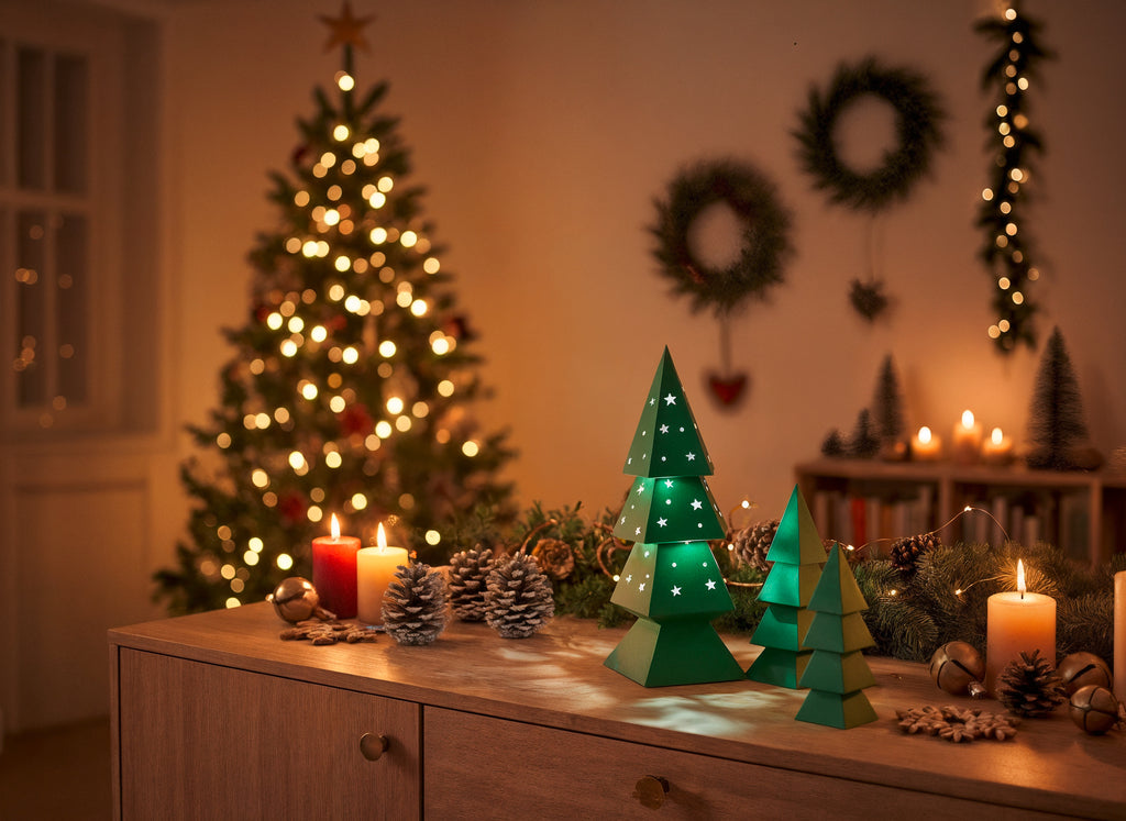 Sapin lumineux en papercraft 3D Moki Moki posé sur un meuble, ambiance de Noël chaleureuse avec guirlande lumineuse, bougies et grand sapin en arrière-plan.