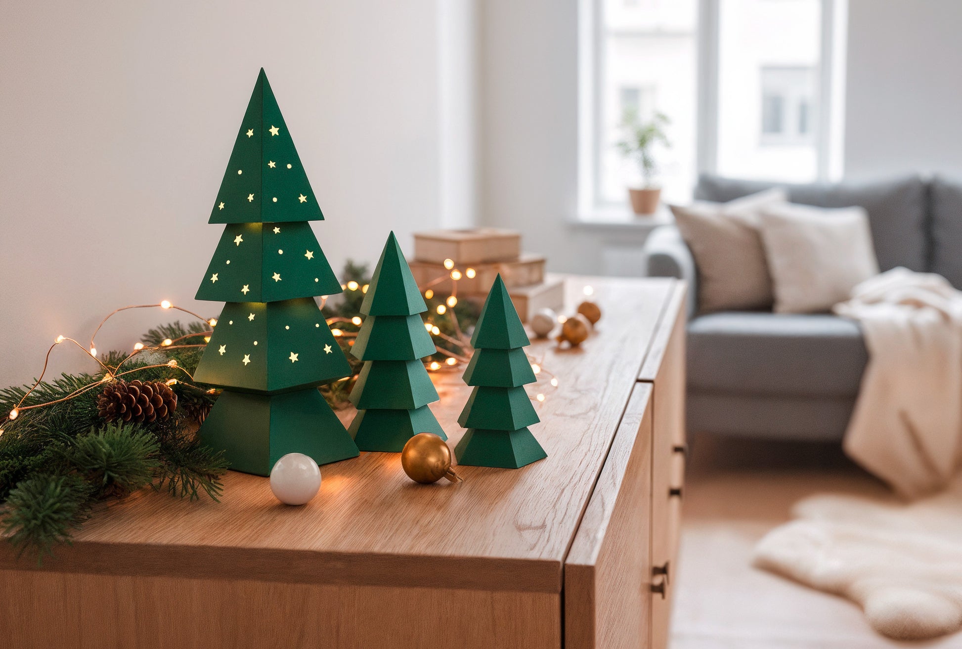 Sapin lumineux en papercraft 3D avec deux petits sapins en papier vert, décor de Noël scandinave sur buffet en bois clair, ambiance douce et épurée.