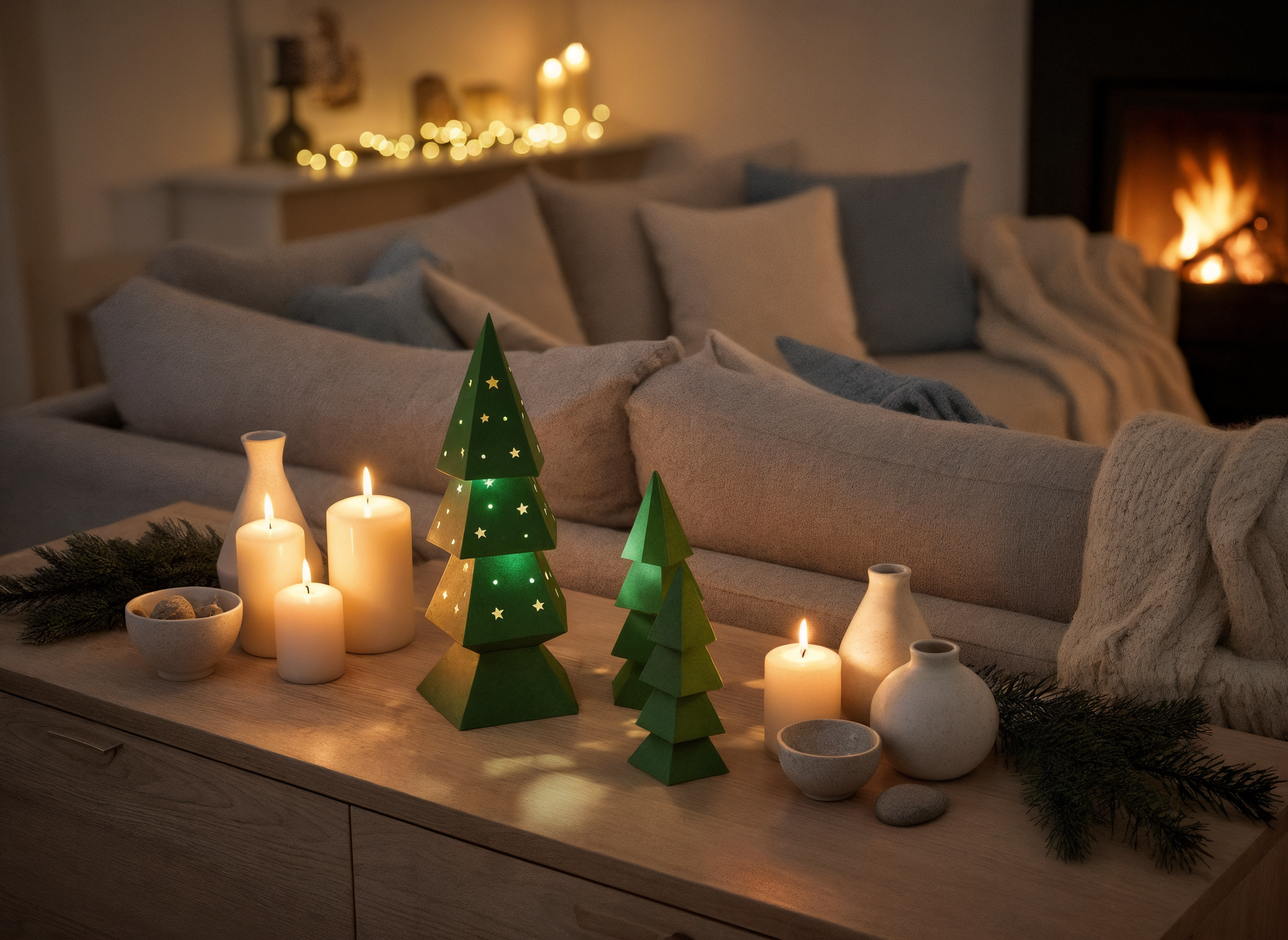 Sapin de Noël lumineux en papercraft 3D Moki Moki aux motifs étoilés, présenté avec un petit sapin en papier et des bougies dans un intérieur chaleureux.