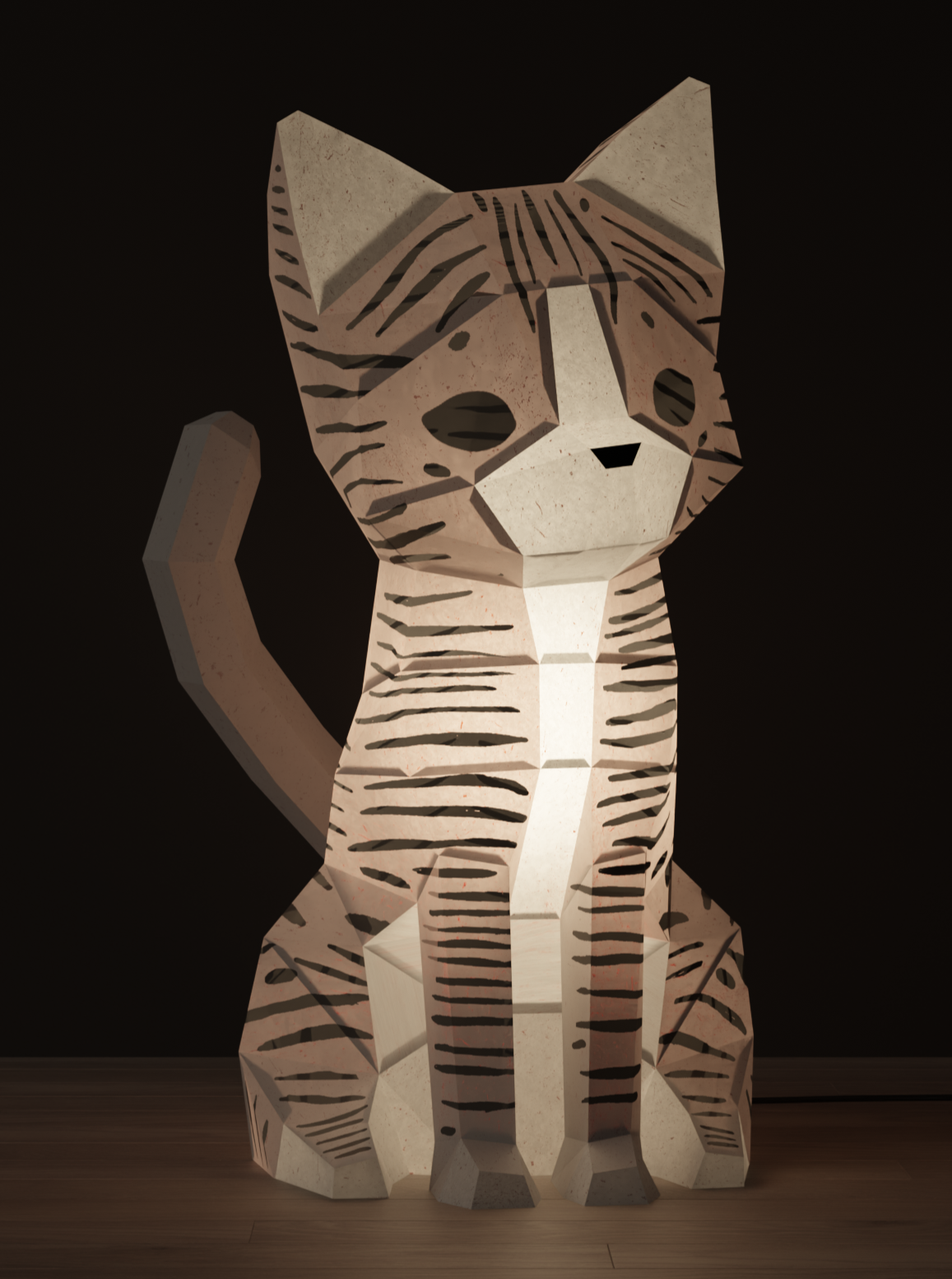 Veilleuse chat en papier origami 3D, montée en kit DIY, lumière douce pour chambre d’enfant – création Moki Moki. On la voit de face