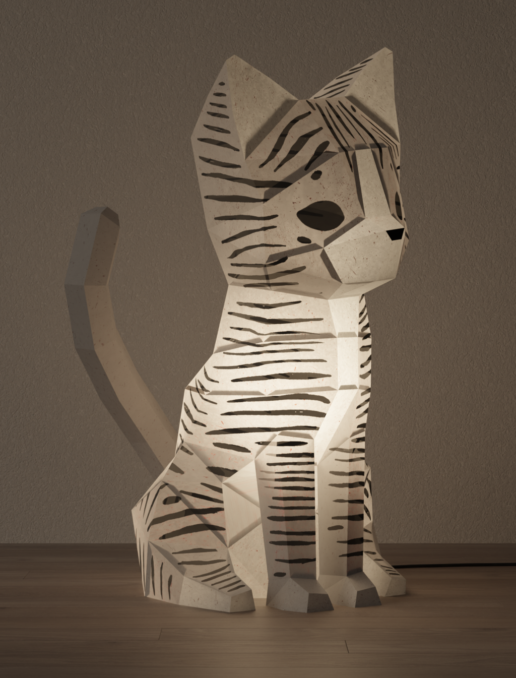Lampe veilleuse chat en papier origami 3D vue de profil, kit papercraft Moki Moki, lumière douce pour chambre d’enfant. vue de profil 1