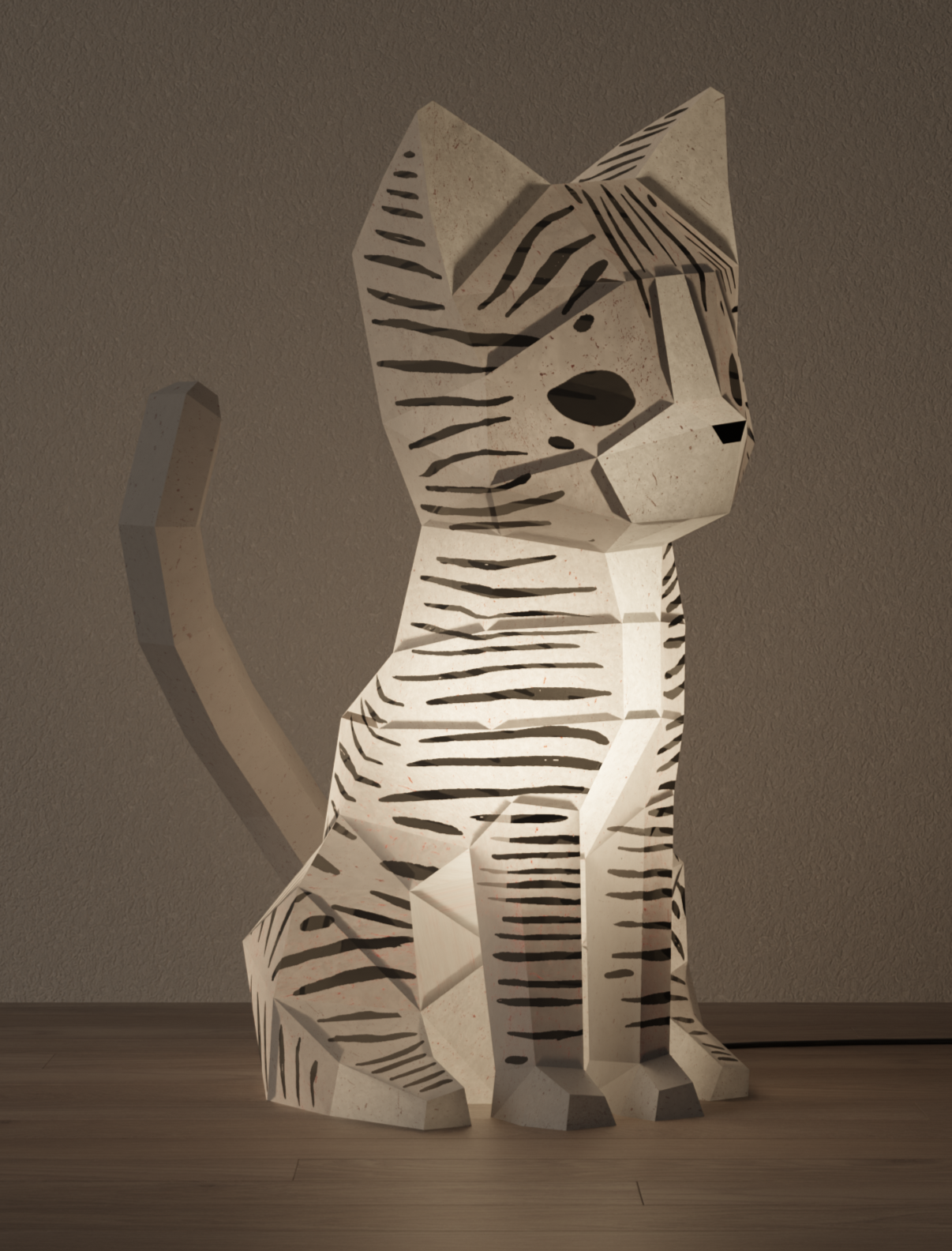 Lampe veilleuse chat en papier origami 3D vue de profil, kit papercraft Moki Moki, lumière douce pour chambre d’enfant. vue de profil 1