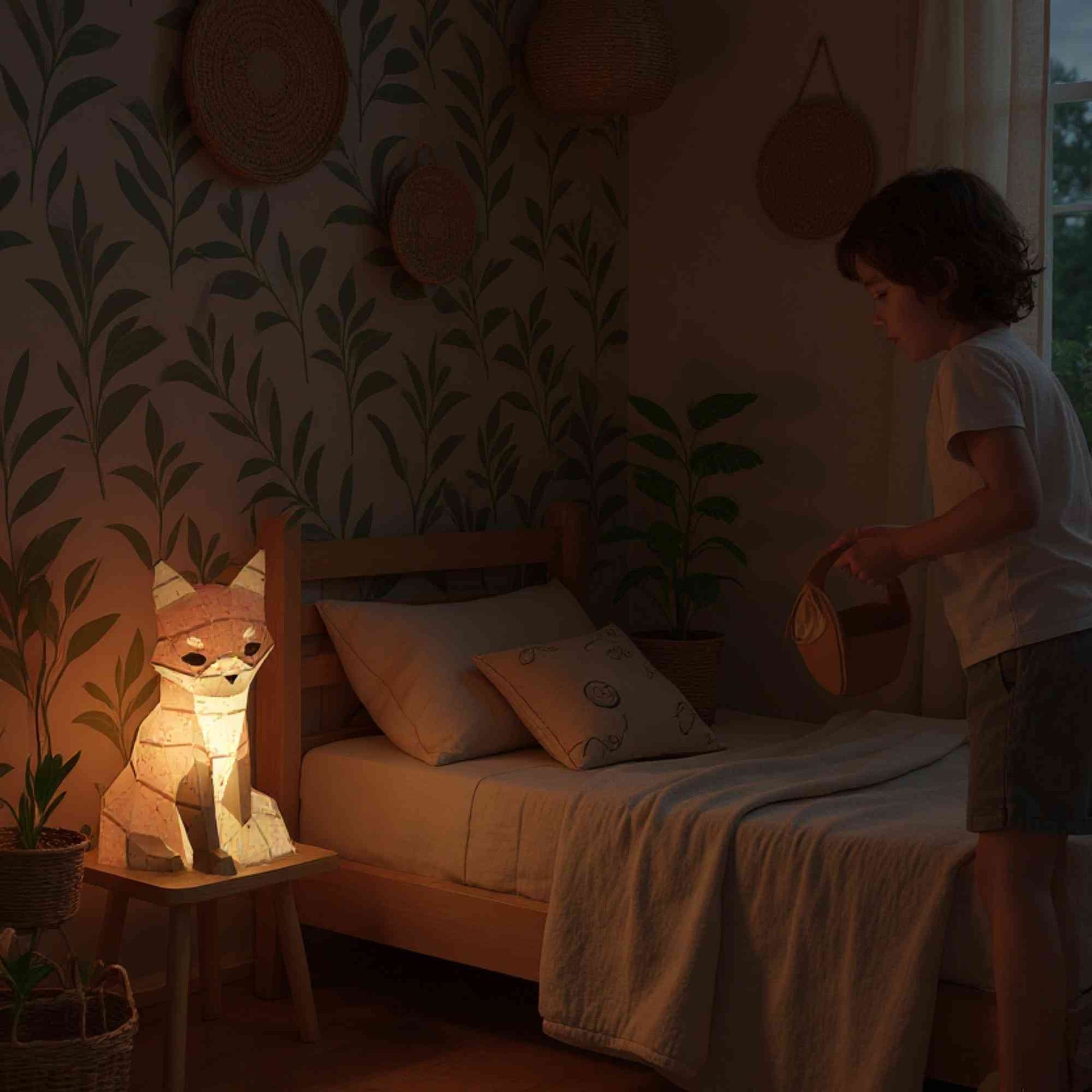 La veilleuse bébé et enfant renard en papier style origami 3D est sur la table de chevet dans une chambre de petite fille. La veilleuse est allumée et révèle la couleur naturelle du renardeau.