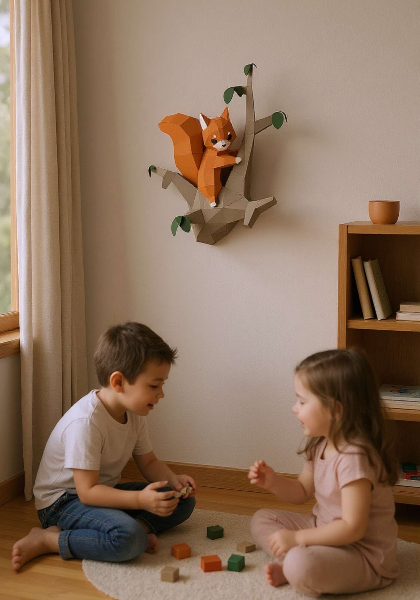 Deux enfants sont en train de jouer dans un salon, on voit l'applique murale écureuil sur le mur. Le wall art de l'animal sur la branche de son arbre est en papercraft (papier épais) et en style japonais de l'origami.