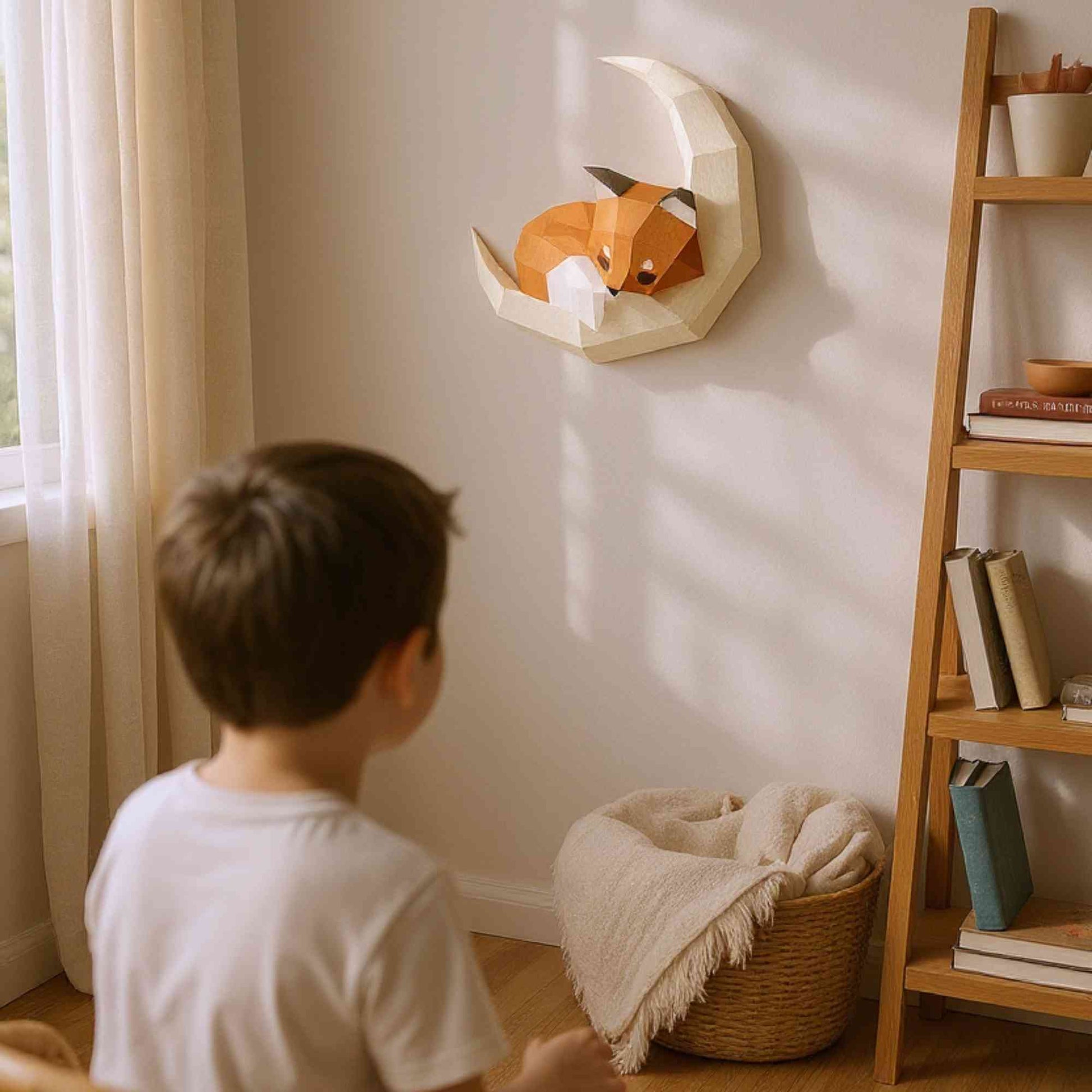 Wall art renard pour enfant en papier style origami 3D. Créée en papercraft 3D, l'applique murale est un petit renardeau en train de dormir sur sa lune. L'applique est accrochée sur le mur d'une chambre d'enfant. On voit un petit garçon de dos en train de regarder le wall art.