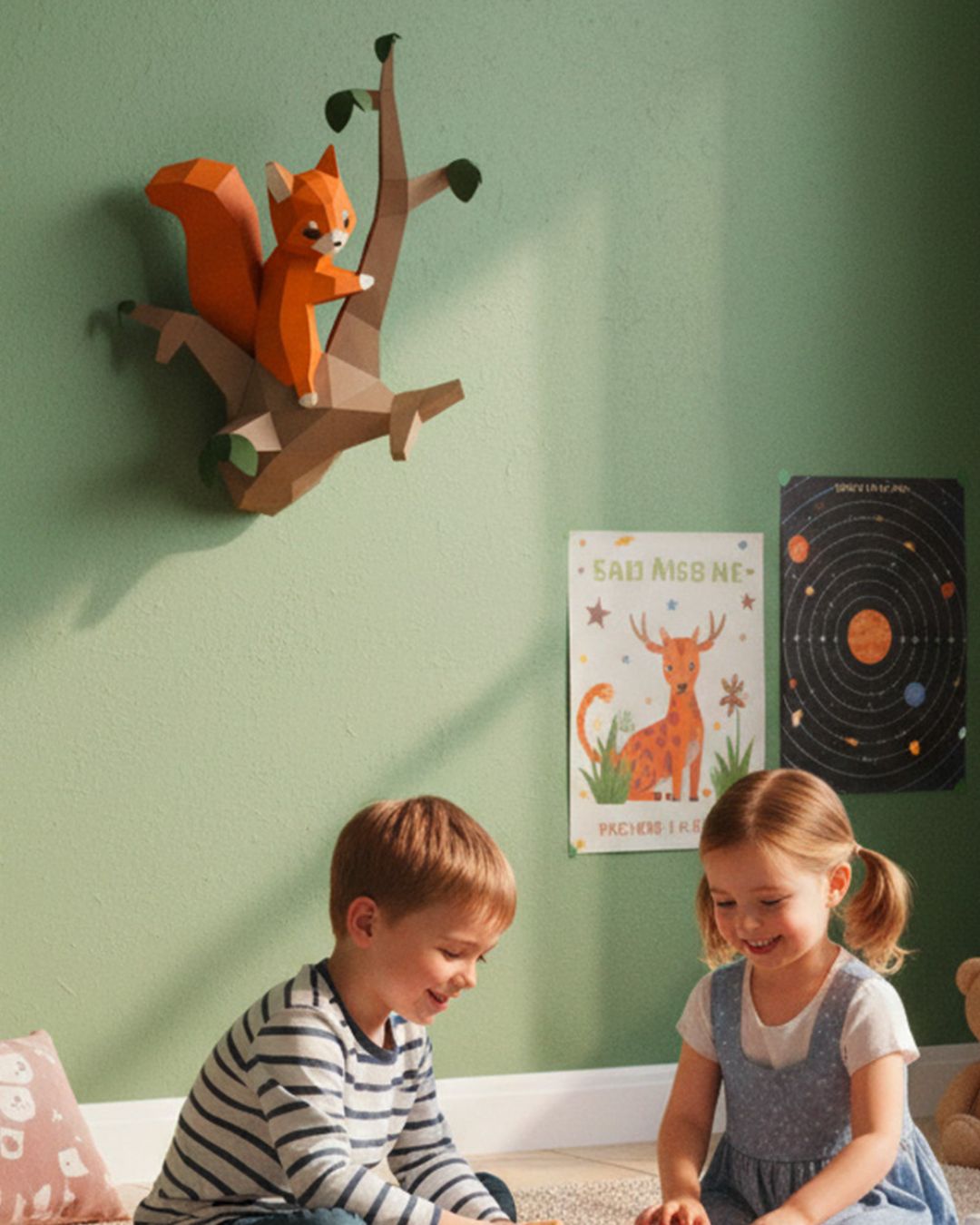 Décoration murale écureuil en papercraft 3D Moki Moki accrochée au mur d’une chambre d’enfant, deux enfants jouant au sol dans une ambiance douce et naturelle.