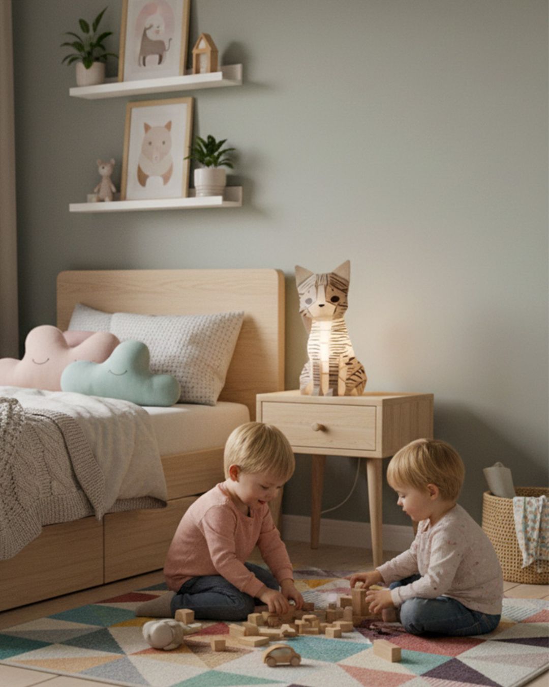 Lampe veilleuse  Moki Moki chat en style origami 3D allumée sur une table de nuit dans une chambre d’enfant, deux enfants jouant au sol avec des cubes en bois. Elle va très bien avec la décoration d'intérieur de la chambre.