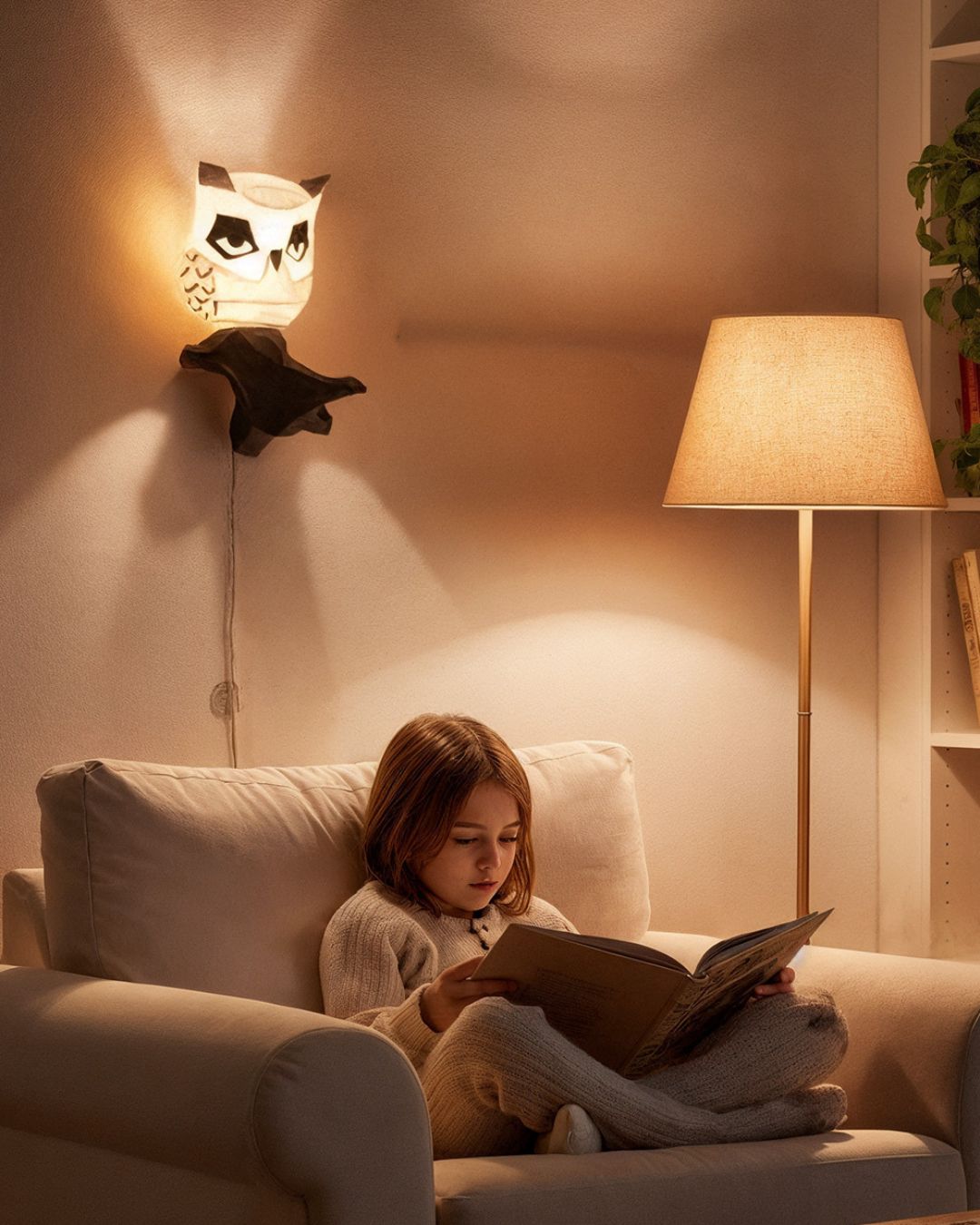 Décoration d'intérieur murale hibou en papercraft 3D Moki Moki utilisée comme veilleuse, éclairant une pièce cozy où une enfant lit sur un fauteuil.
