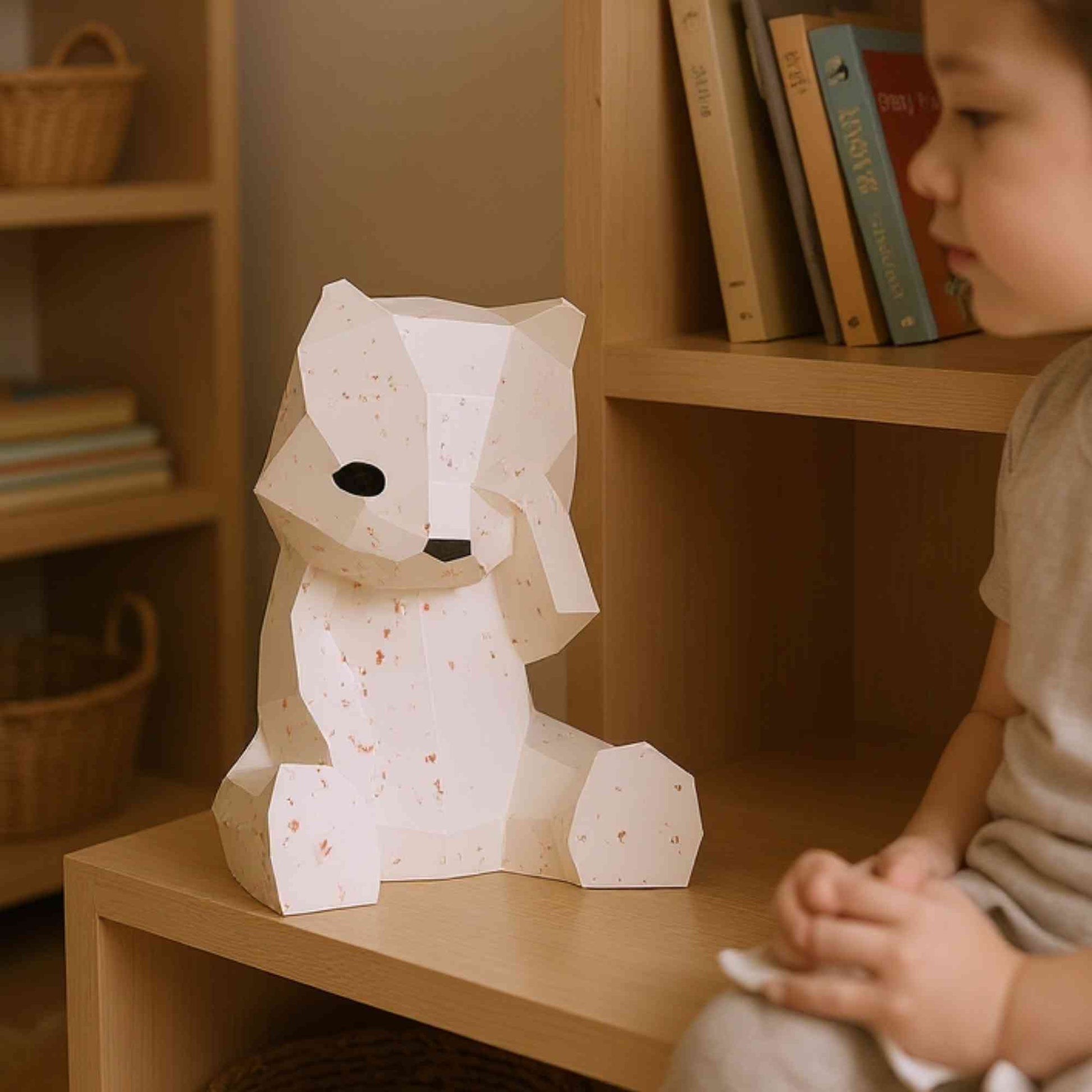 La veilleuse bébé et enfant ourson en papier style origami 3D est sur un banc dans une chambre d'un petit garçon. La lampe veilleuse est éteinte, on peut apprécier le papier créatif blanc avec des dorures.