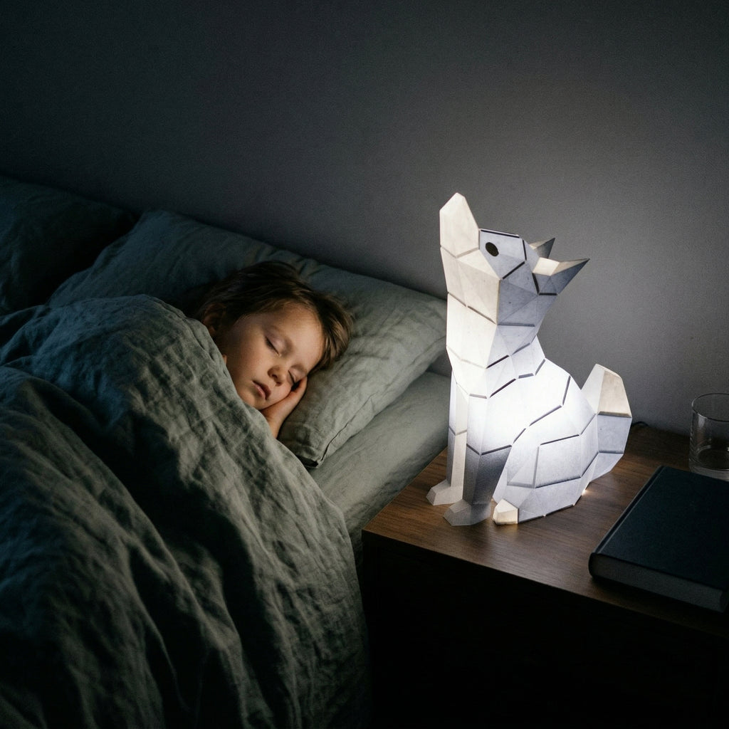 Mise en situation de notre veilleuse loup en papier allumée.