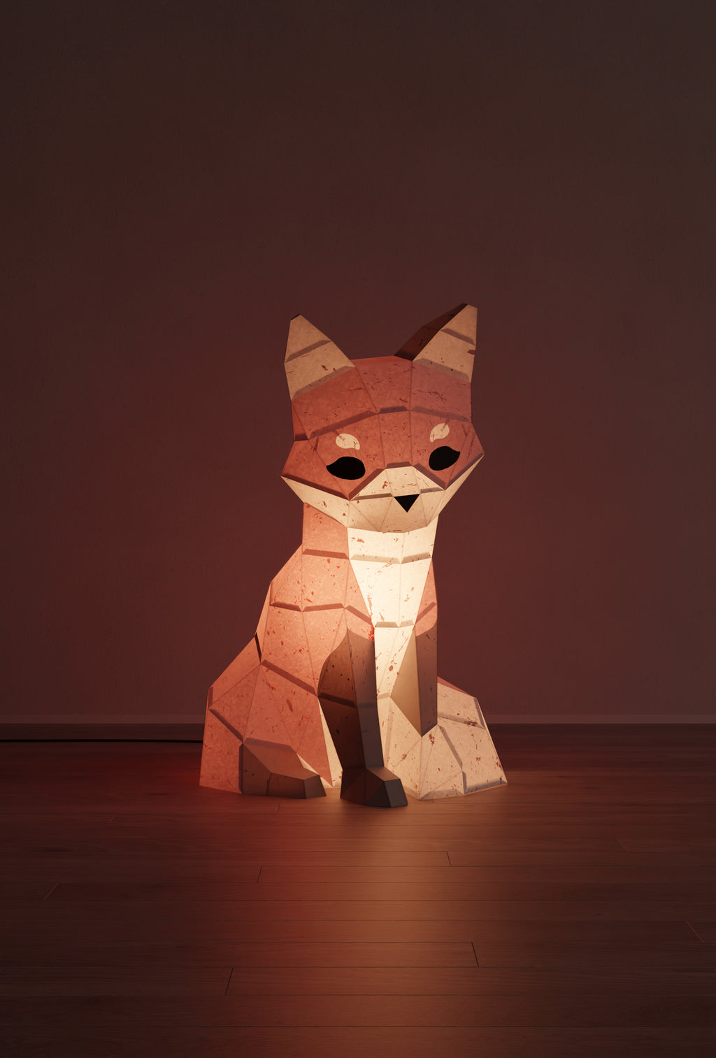 veilleuse bébé et enfant lapin en papier style origami 3D, vue de face - la veilleuse est allumée.