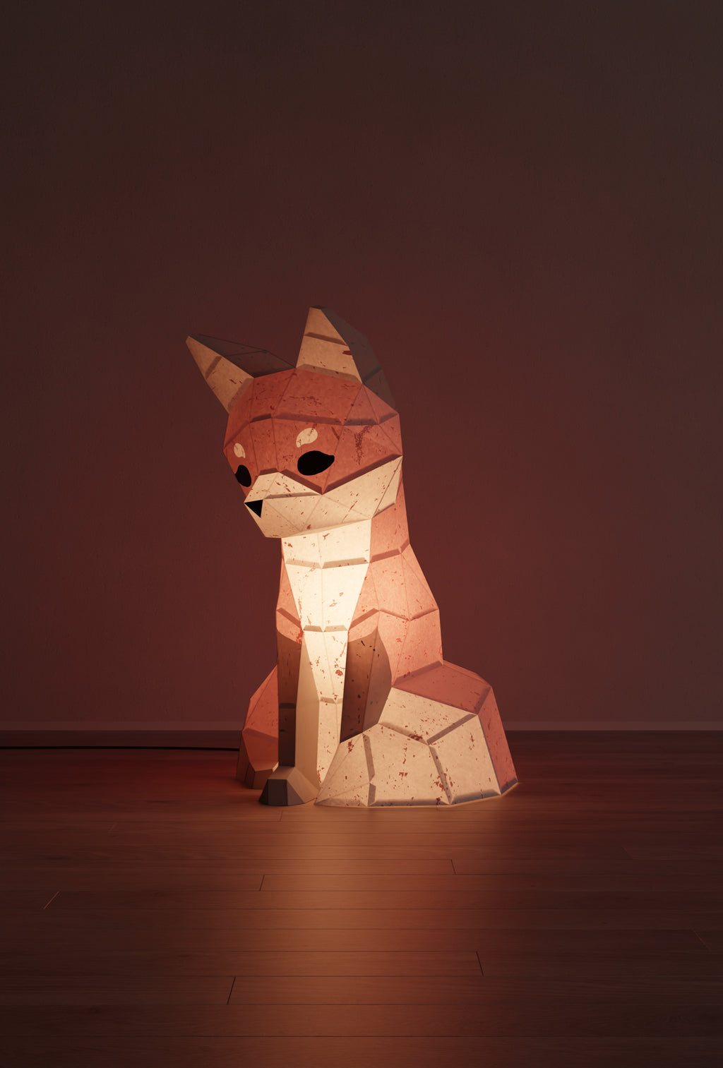 veilleuse bébé et enfant renard en papier style origami 3D - la veilleuse est allumée.
