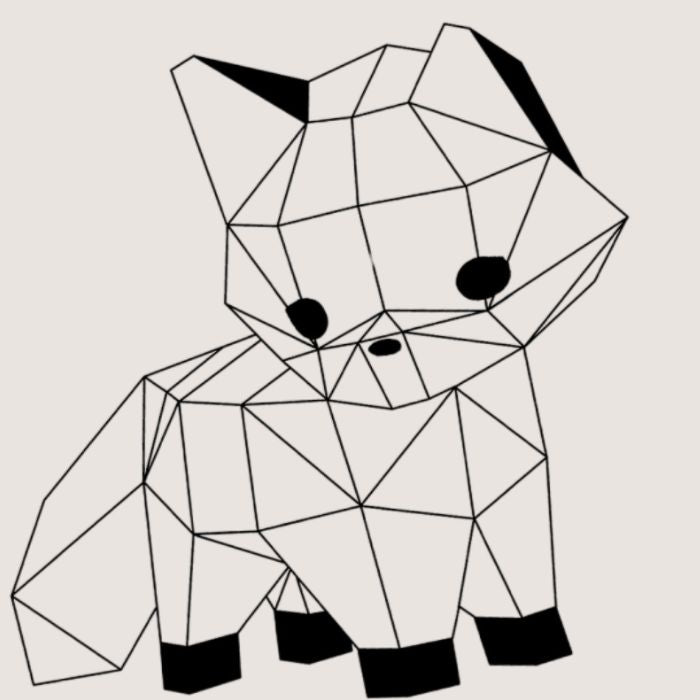 dessin noir et blanc en style origami du mini moki renard. 