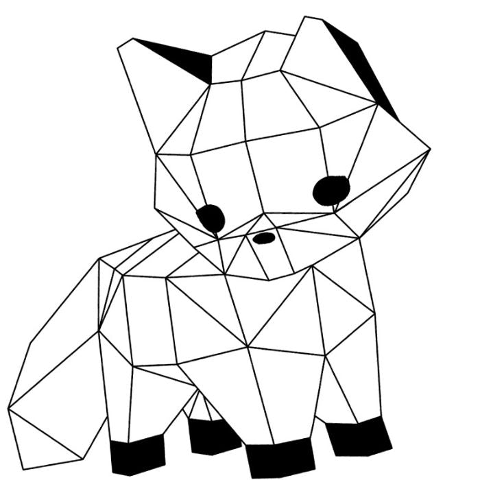 dessin noir et blanc en style origami du mini moki renard. 
