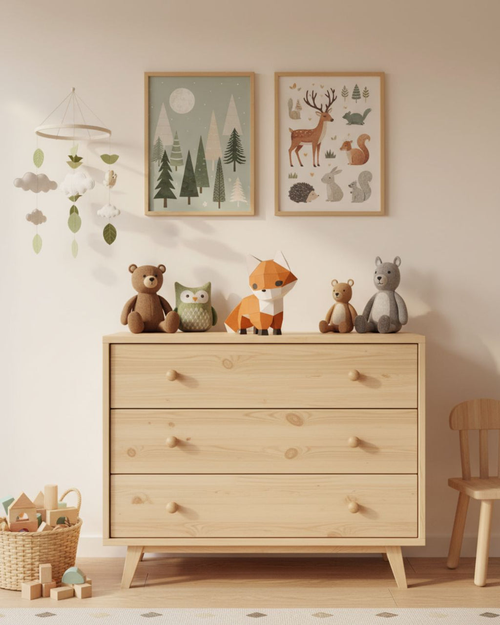 Renard en modèle papier Moki Moki posé sur une commode en bois clair, entouré de peluches et de décorations forêt dans une chambre d’enfant douce et naturelle
