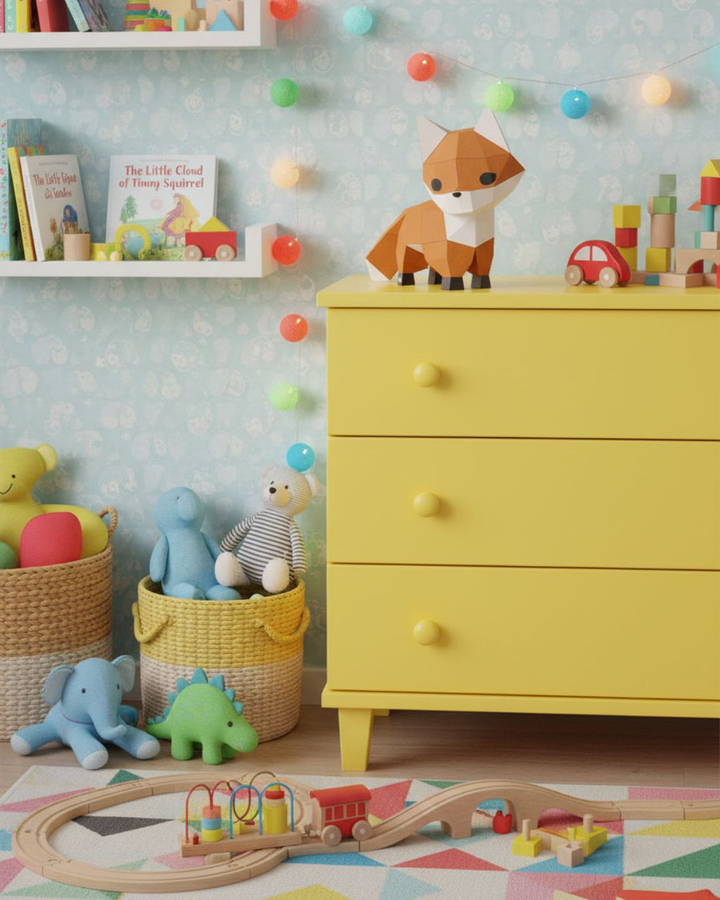 Renard en figurine papier Moki Moki posé sur une commode jaune dans une chambre d’enfant colorée, entourée de jouets en bois, peluches et guirlande lumineuse.