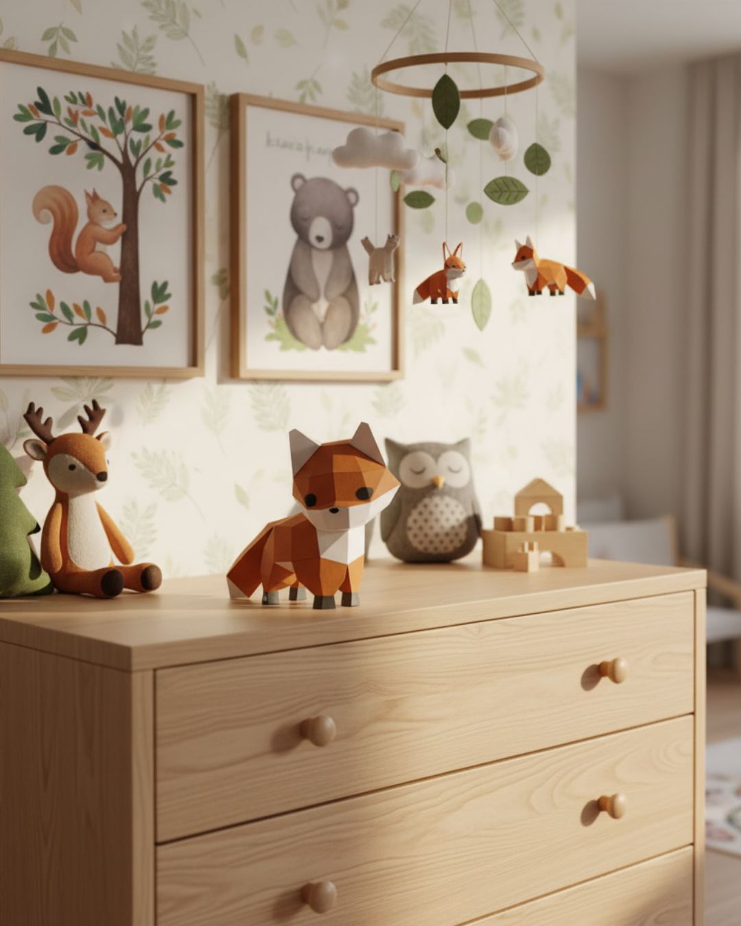 Renard en origami décoratif Moki Moki posé sur une commode en bois, entouré de peluches et d’illustrations d’animaux dans une chambre d’enfant au thème forêt.