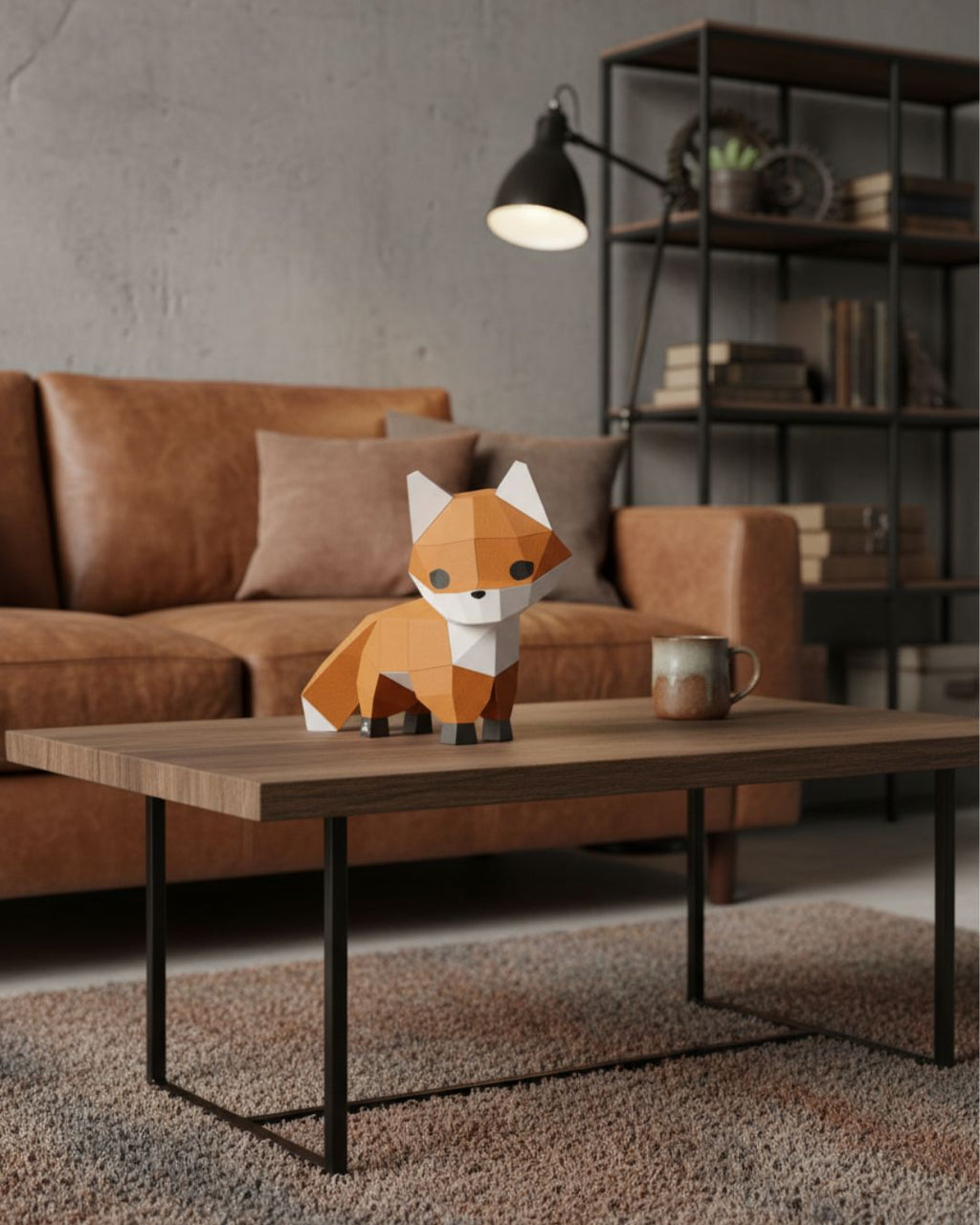 Renard décoratif en papier Moki Moki posé sur une table basse en bois, dans un salon moderne aux tons bruns avec canapé en cuir et étagère industrielle.