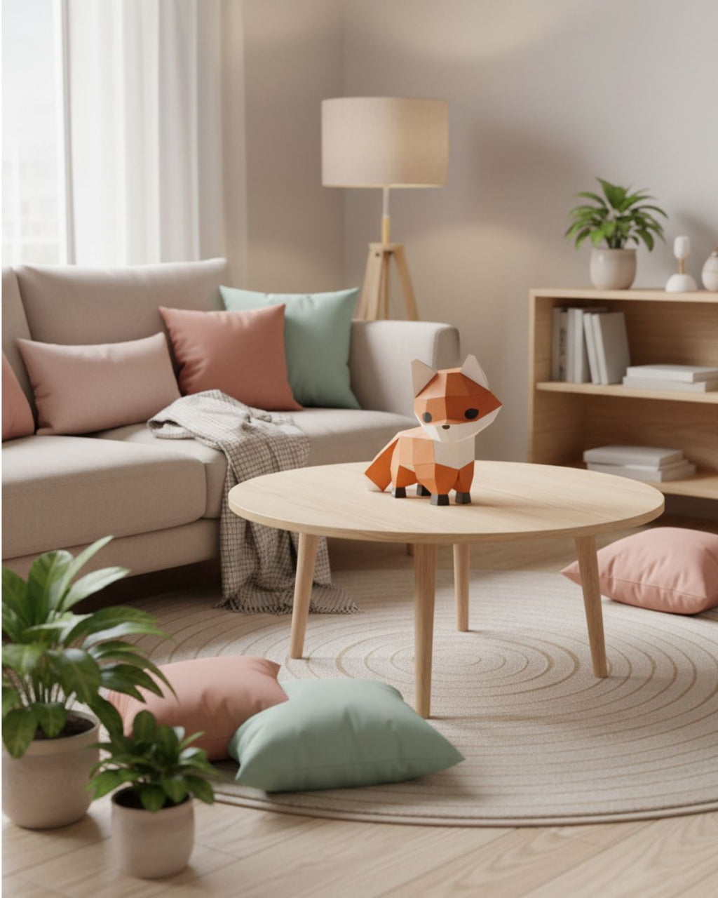 Renard décoratif en origami 3D Moki Moki posé sur une table basse en bois, dans un salon lumineux aux tons doux et aux coussins pastel.