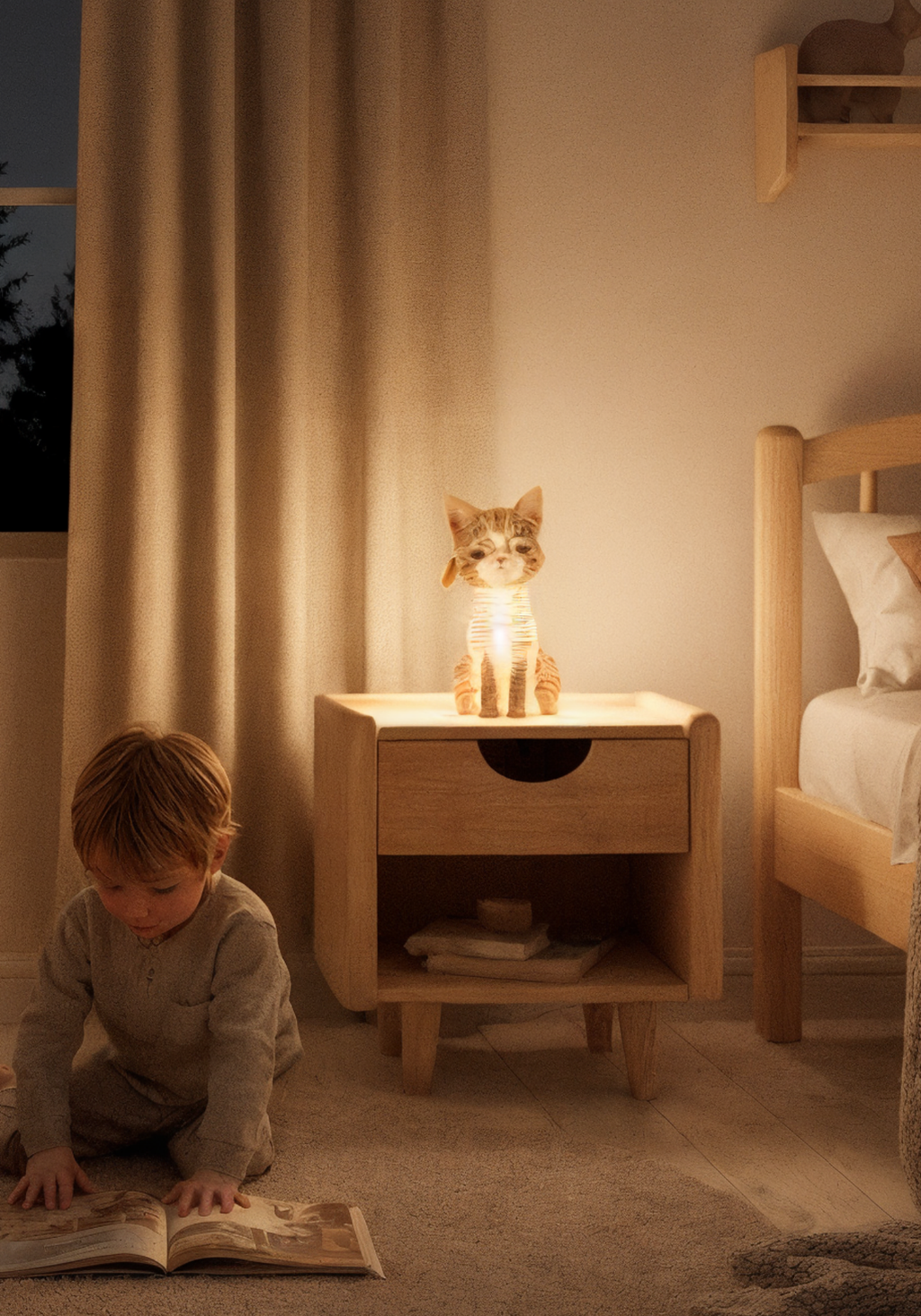 Lampe veilleuse chat Moki Moki allumée sur une table de nuit en bois, éclairage doux dans une chambre d’enfant, petit garçon lisant au sol.