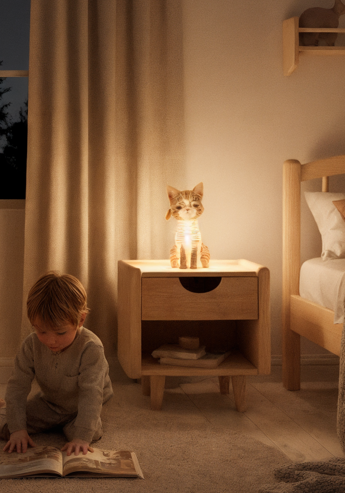 Lampe veilleuse chat Moki Moki allumée sur une table de nuit en bois, éclairage doux dans une chambre d’enfant, petit garçon lisant au sol.