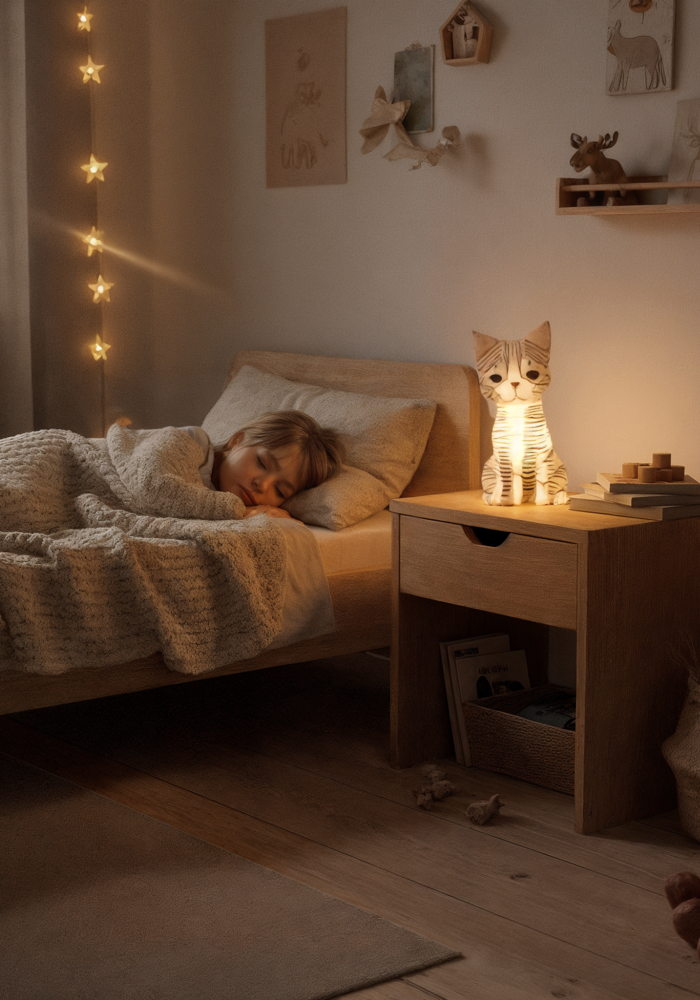 Lampe chat Moki Moki allumée sur une table de nuit en bois, ambiance déco chaleureuse et naturelle dans une chambre d’enfant, guirlande étoilée et éléments en bois.