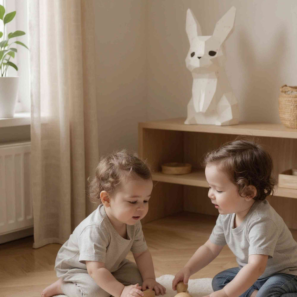 Deux enfants sont en train de jouer dans un salon, on voit sur l'étagère la veilleuse lapin en papier éteinte. La lampe lapin est parfaite pour une décoration d'intérieur moderne et originale.