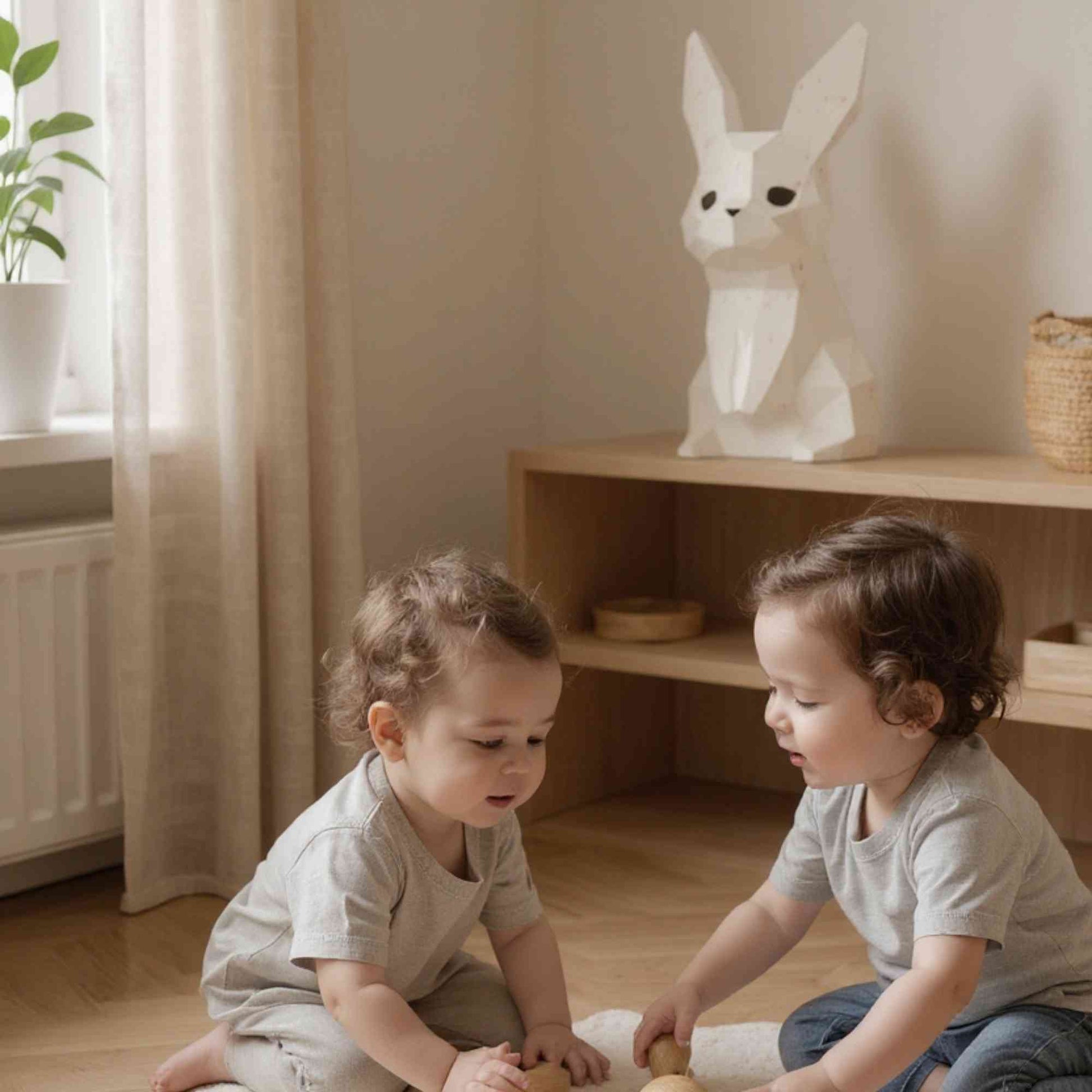 Deux enfants sont en train de jouer dans un salon, on voit sur l'étagère la veilleuse lapin en papier éteinte. La lampe lapin est parfaite pour une décoration d'intérieur moderne et originale.