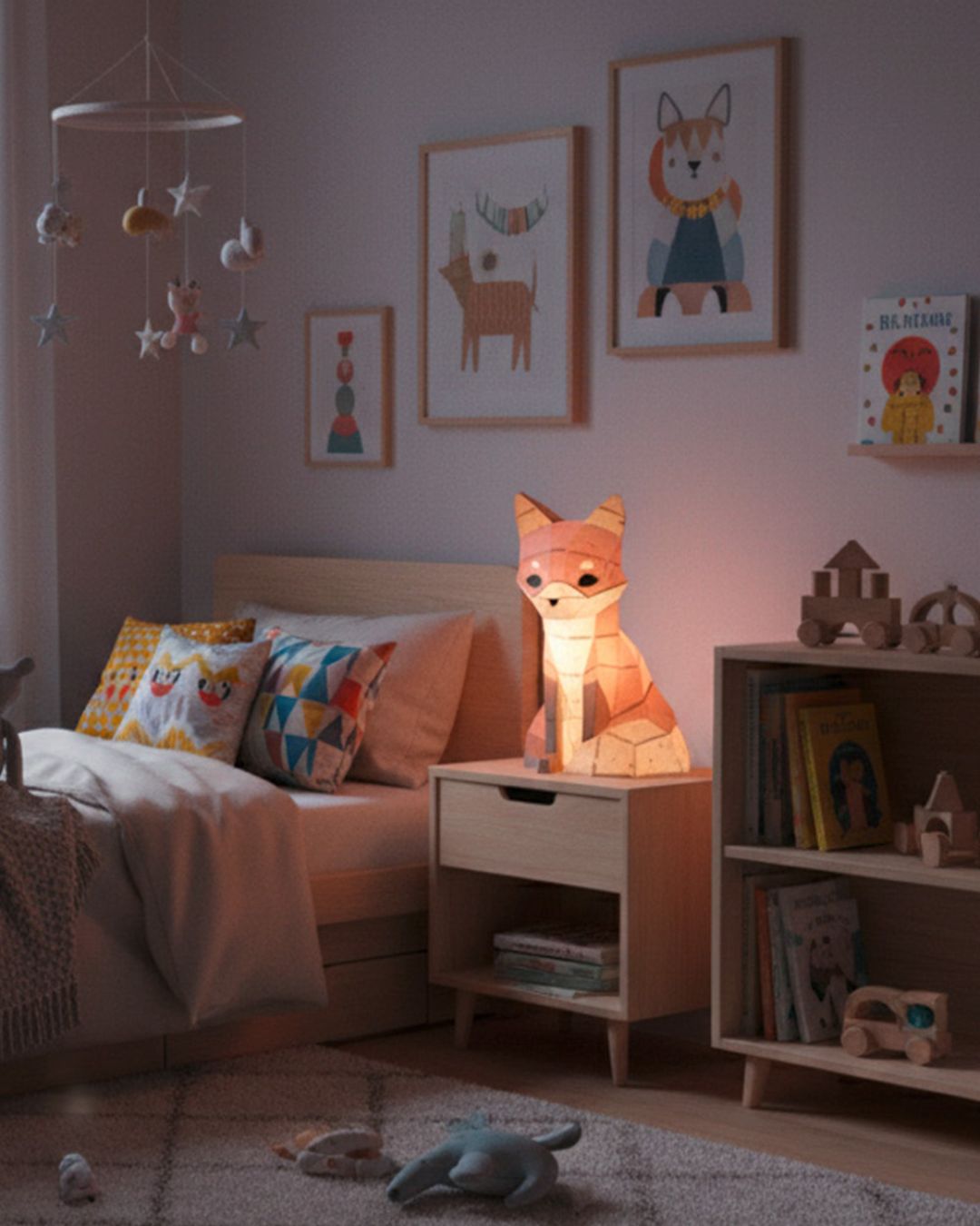 Lampe veilleuse renard en papier 3D de style origamie allumée sur une table de nuit dans une chambre d’enfant décorée, ambiance douce avec illustrations murales et jouets en bois.