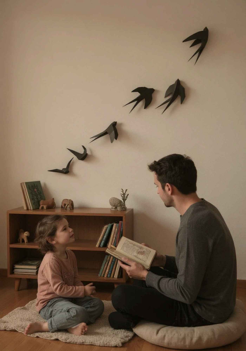 Mise en situation de l'applique murale de l'envol de 6 hirondelles. On voit un père et sa fille en train de lire et la déco intérieure est accrochée au arrière-plan sur le mur.