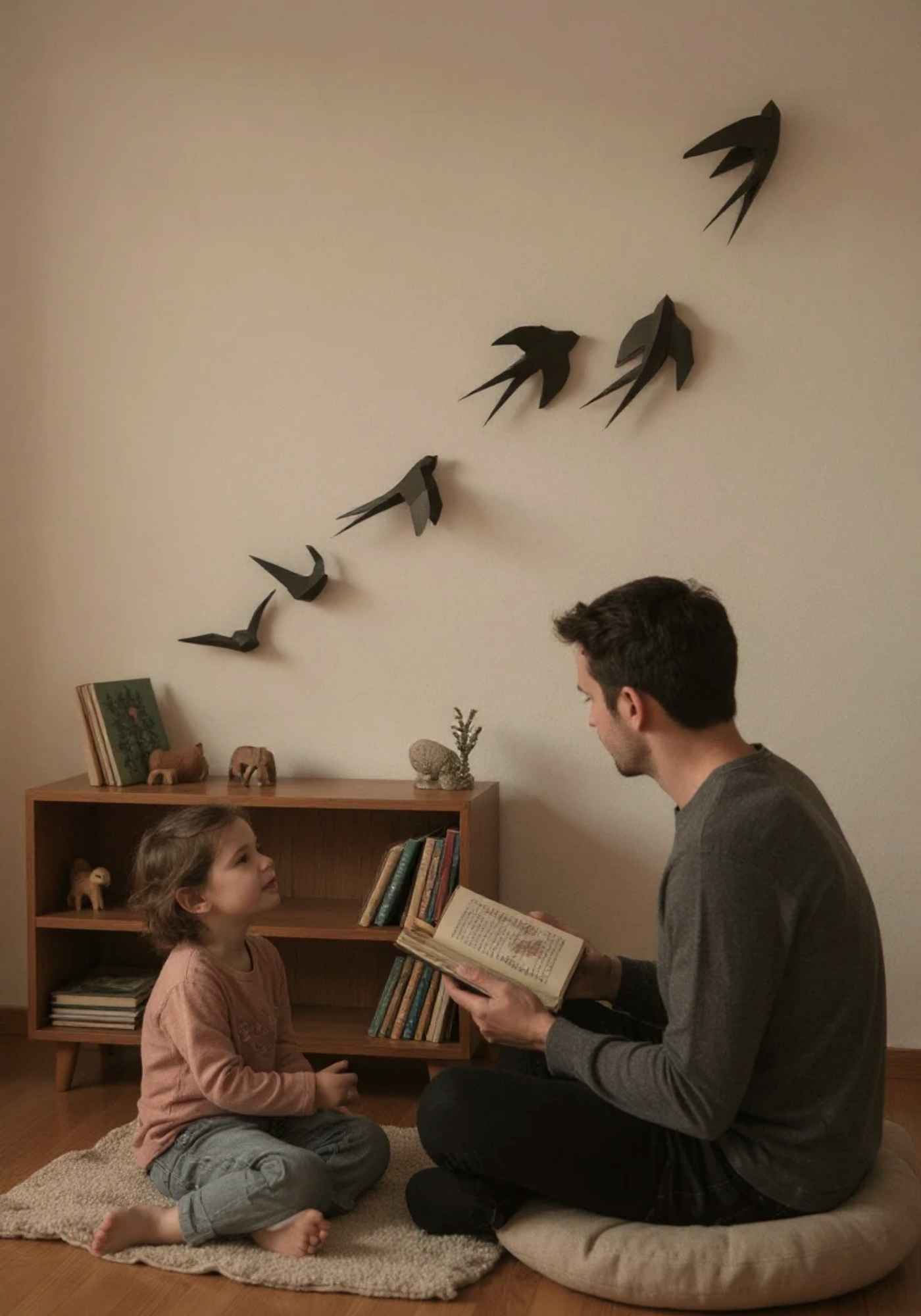 Mise en situation de l'applique murale de l'envol de 6 hirondelles. On voit un père et sa fille en train de lire et la déco intérieure est accrochée au arrière-plan sur le mur.