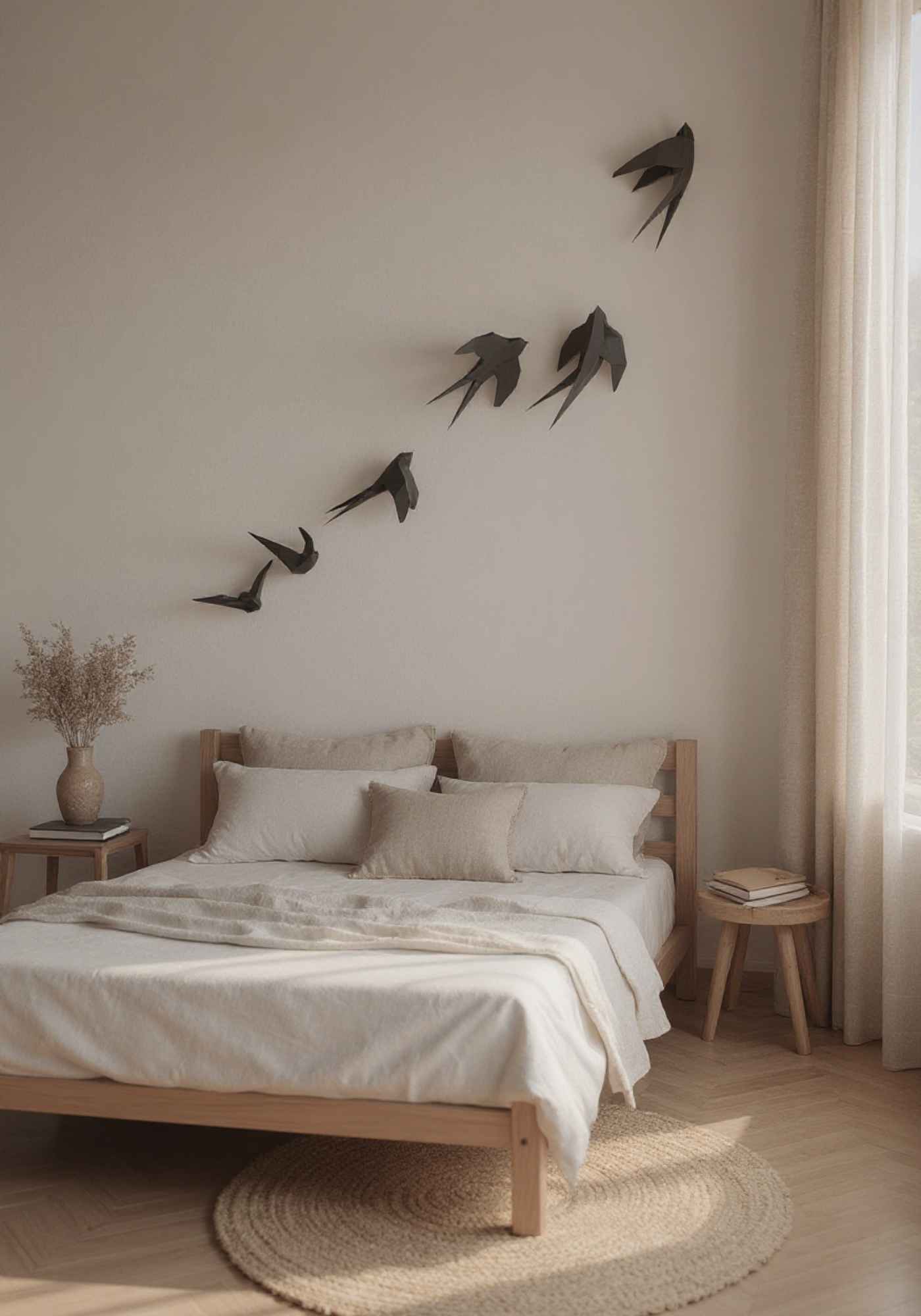 Mise en situation des appliques murales des 6 hirondelles dans une chambre. Le wall art de décoration d'intérieur est accroché au dessus du lit.