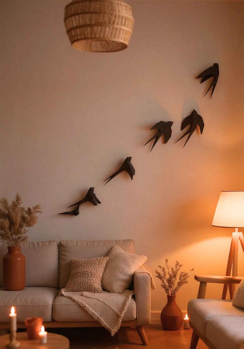 Mise en situation du wall art des  oiseaux en vol dans un salon. Les appliques murales sont accrochéau mur au dessus du canapé.